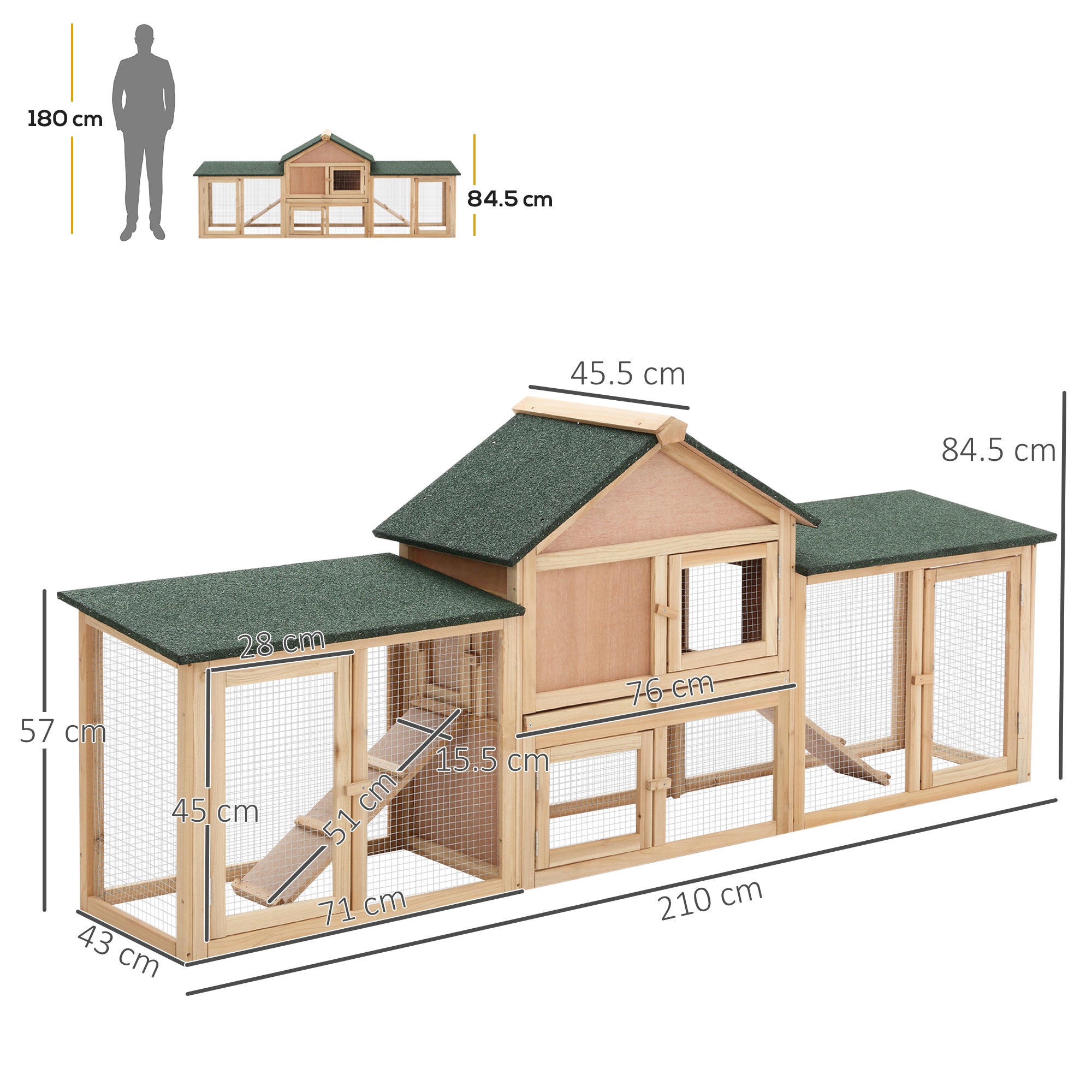 Deluxe Two-Storey Wooden Bunny Rabbit Hutch, Guinea Pig Hutch, w/ Ladder Outdoor Run Box Slide-out Tray 210 x 45.5 x 84.5 cm-2