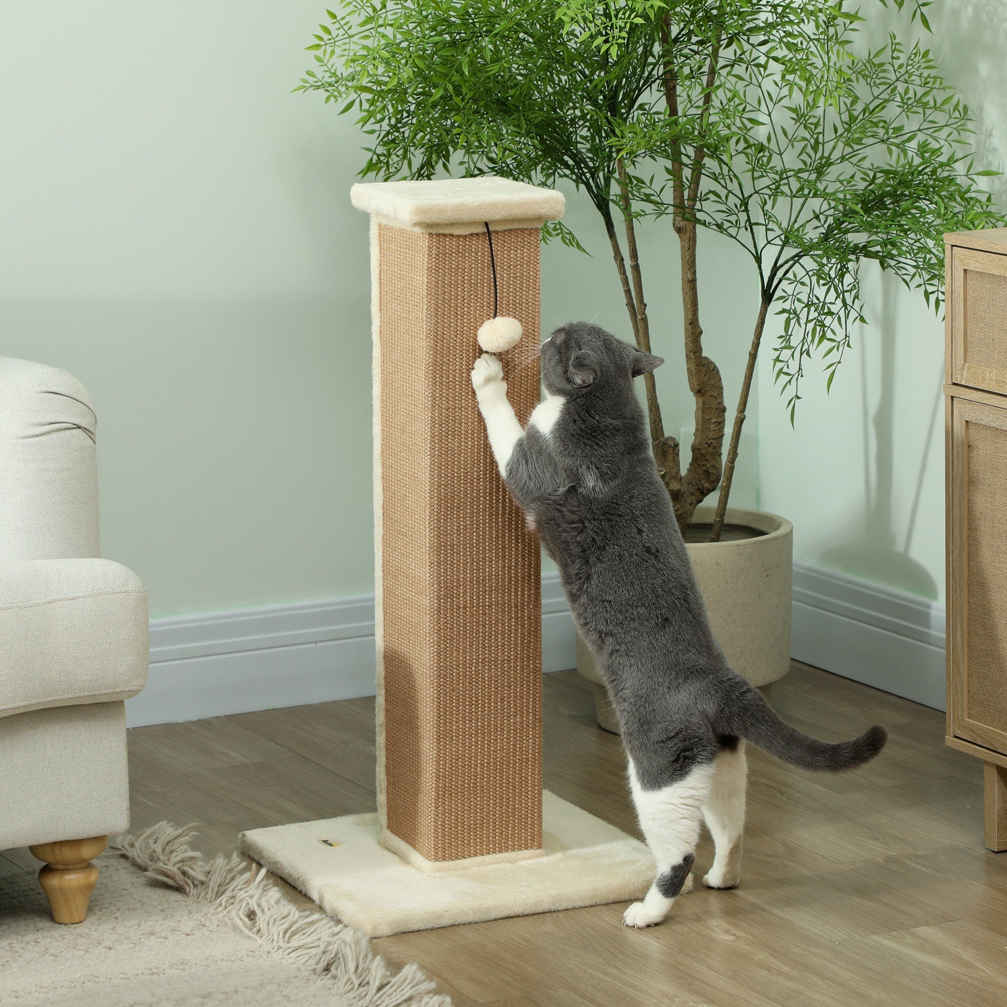 81cm Cat Scratcher, Vertical Full Scratcher w/ Natural Jute Rope, Hanging Ball, Soft Plush - Beige-1