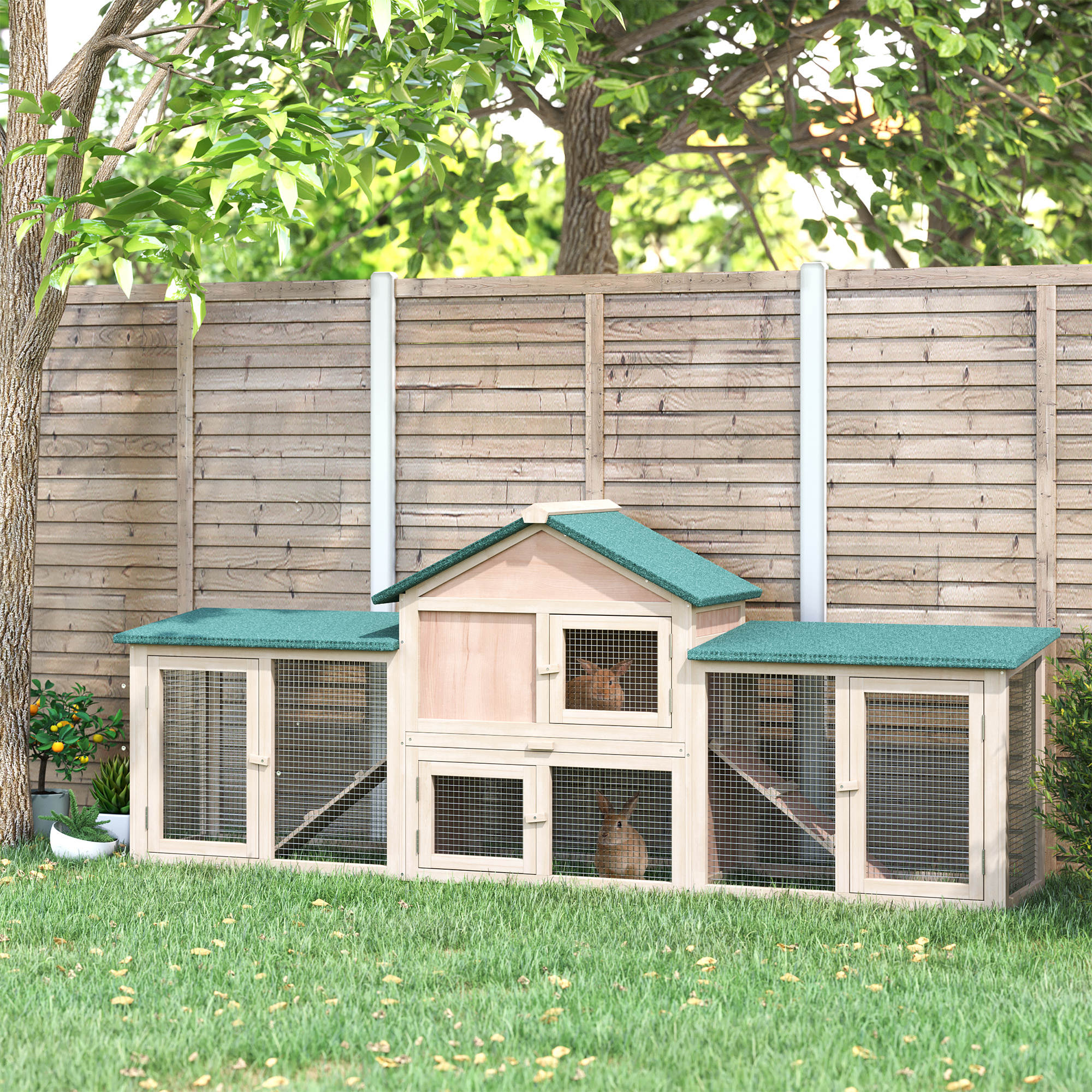 Deluxe Two-Storey Wooden Bunny Rabbit Hutch, Guinea Pig Hutch, w/ Ladder Outdoor Run Box Slide-out Tray 210 x 45.5 x 84.5 cm-1
