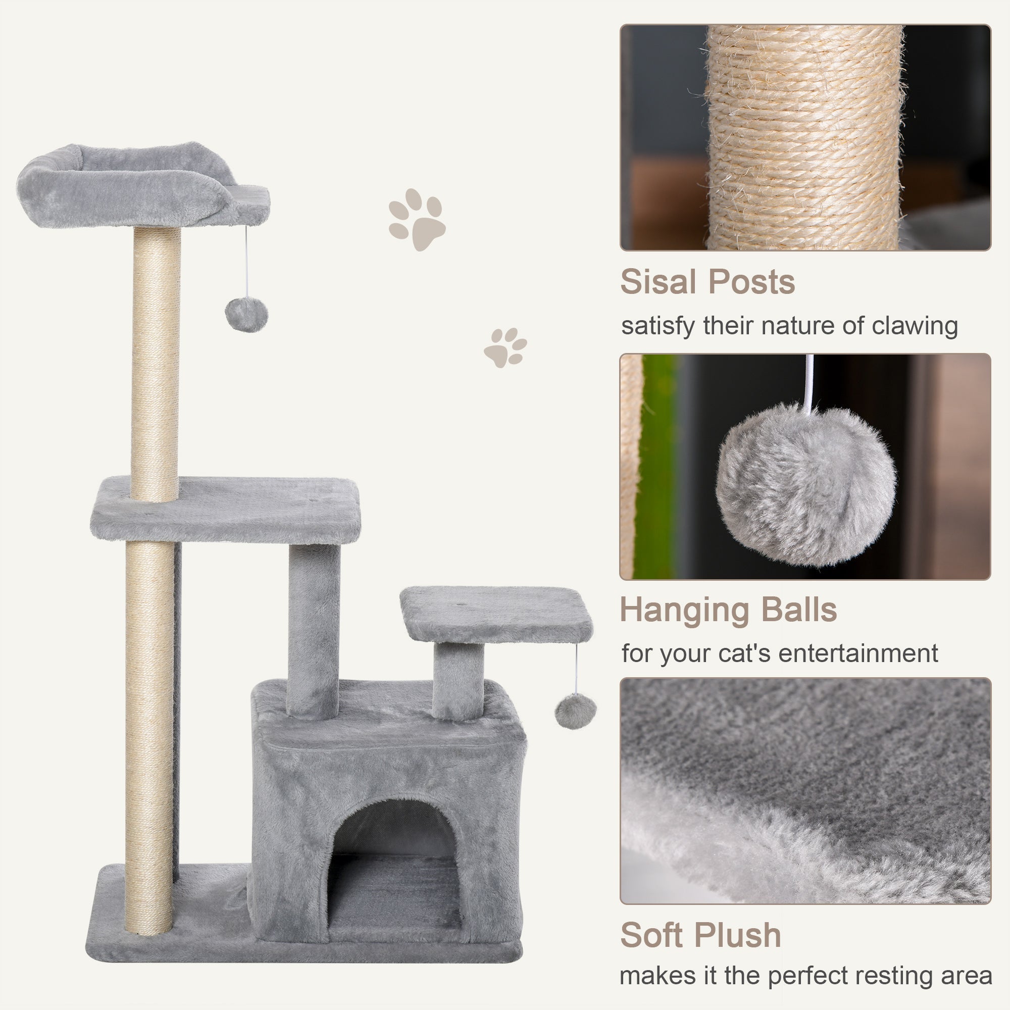 Cat tree Tower 114cm Climbing Activity Centre Kitten with Sisal Scratching Post Perch Hanging Ball Condo Toy Light Grey-4