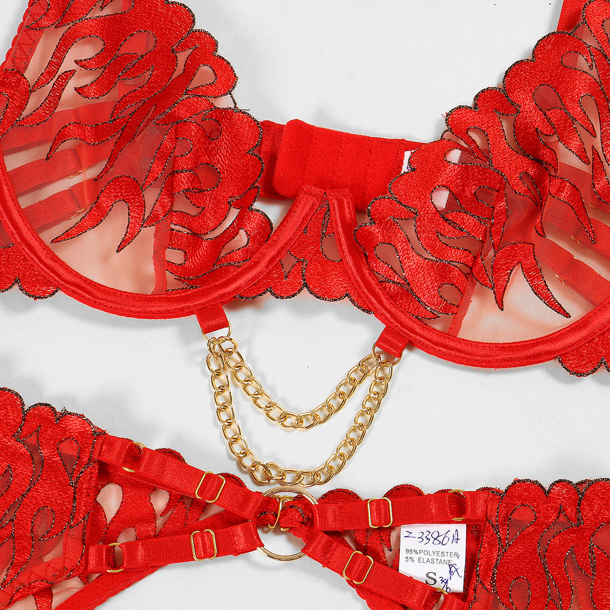 Wholesale Flame Embroidery Sexy Lingerie Four-Piece Set with Chain Bra-8