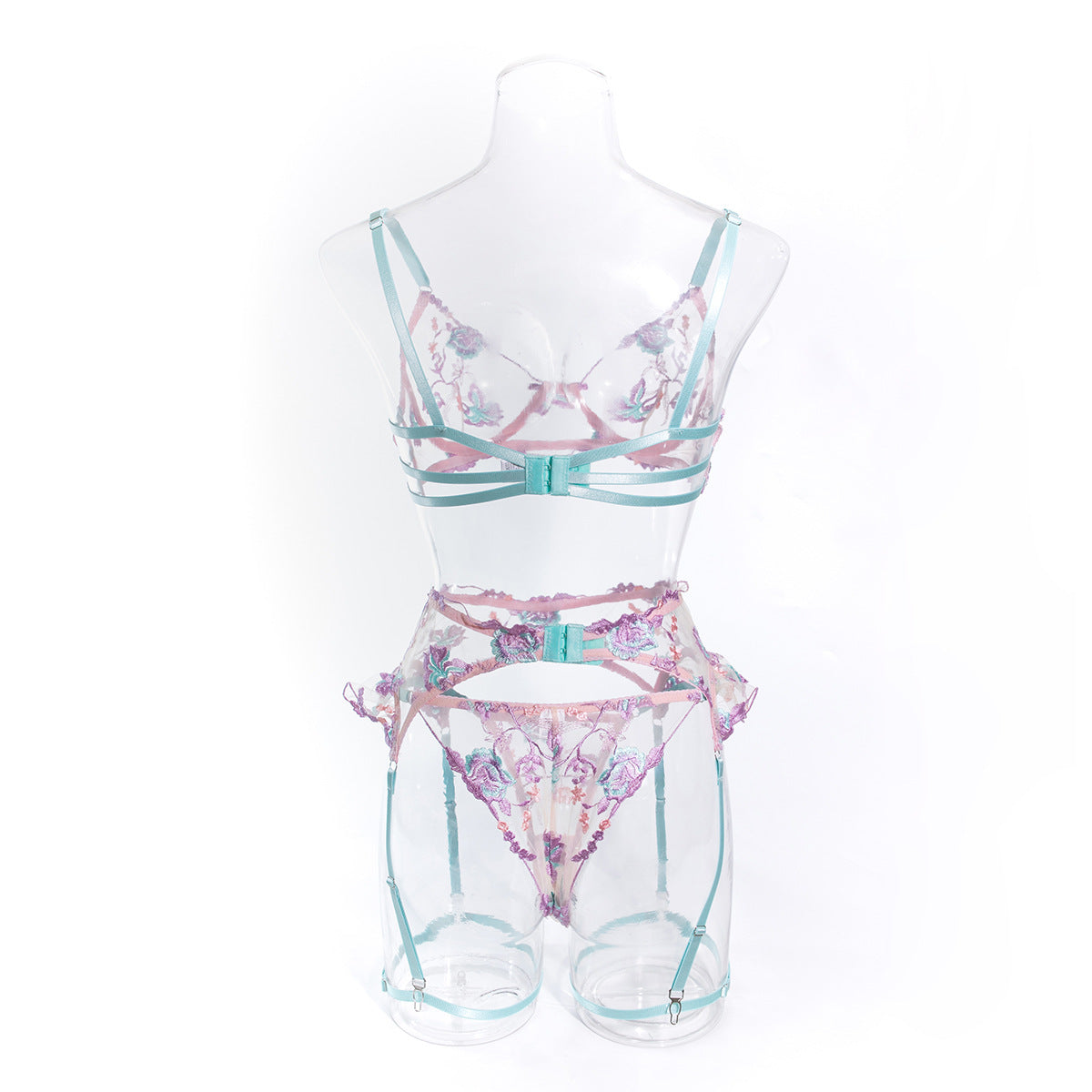 Wholesale Lilac Floral Embroidered Lingerie Set Back View