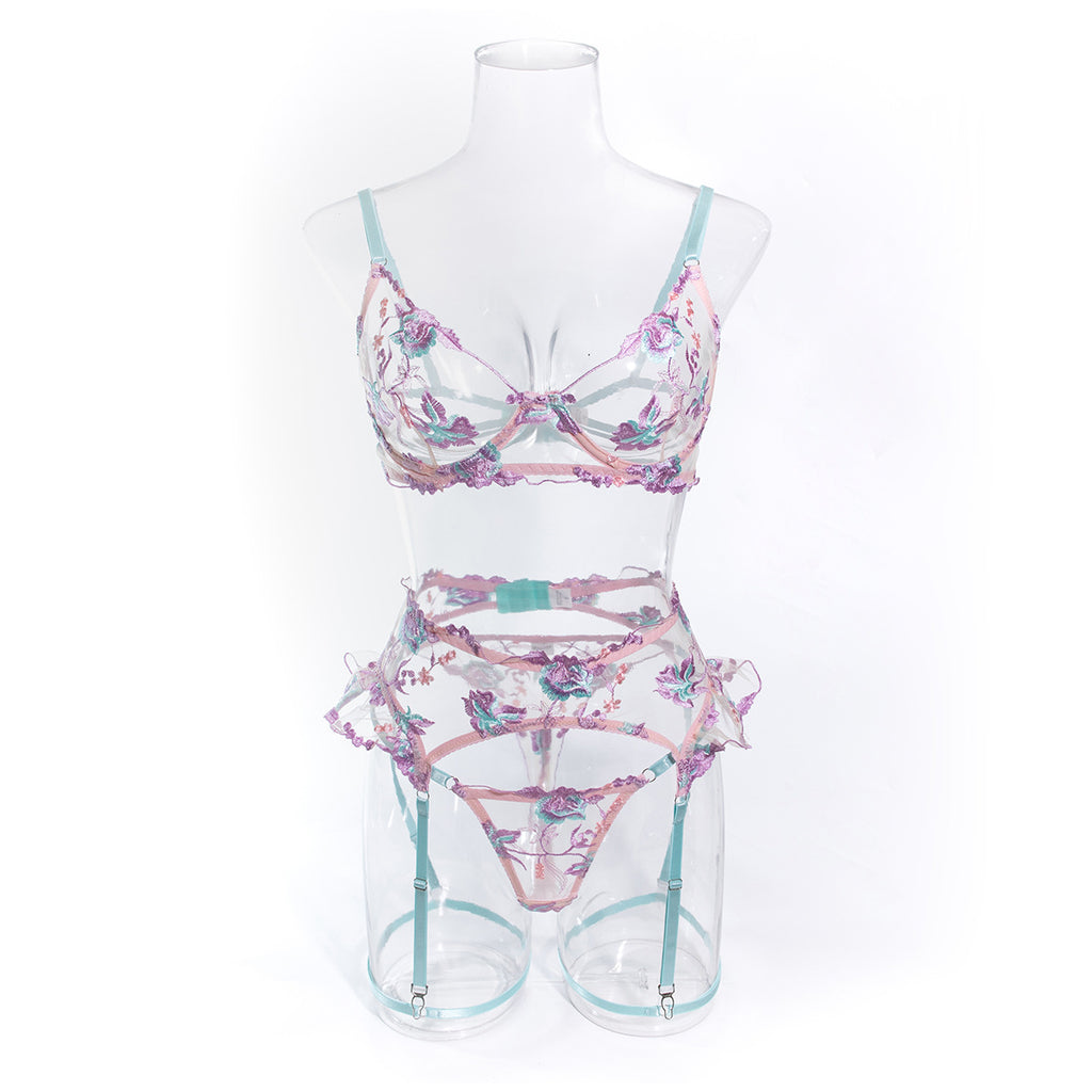 Wholesale Lilac Floral Embroidered Lingerie Set Model Front View