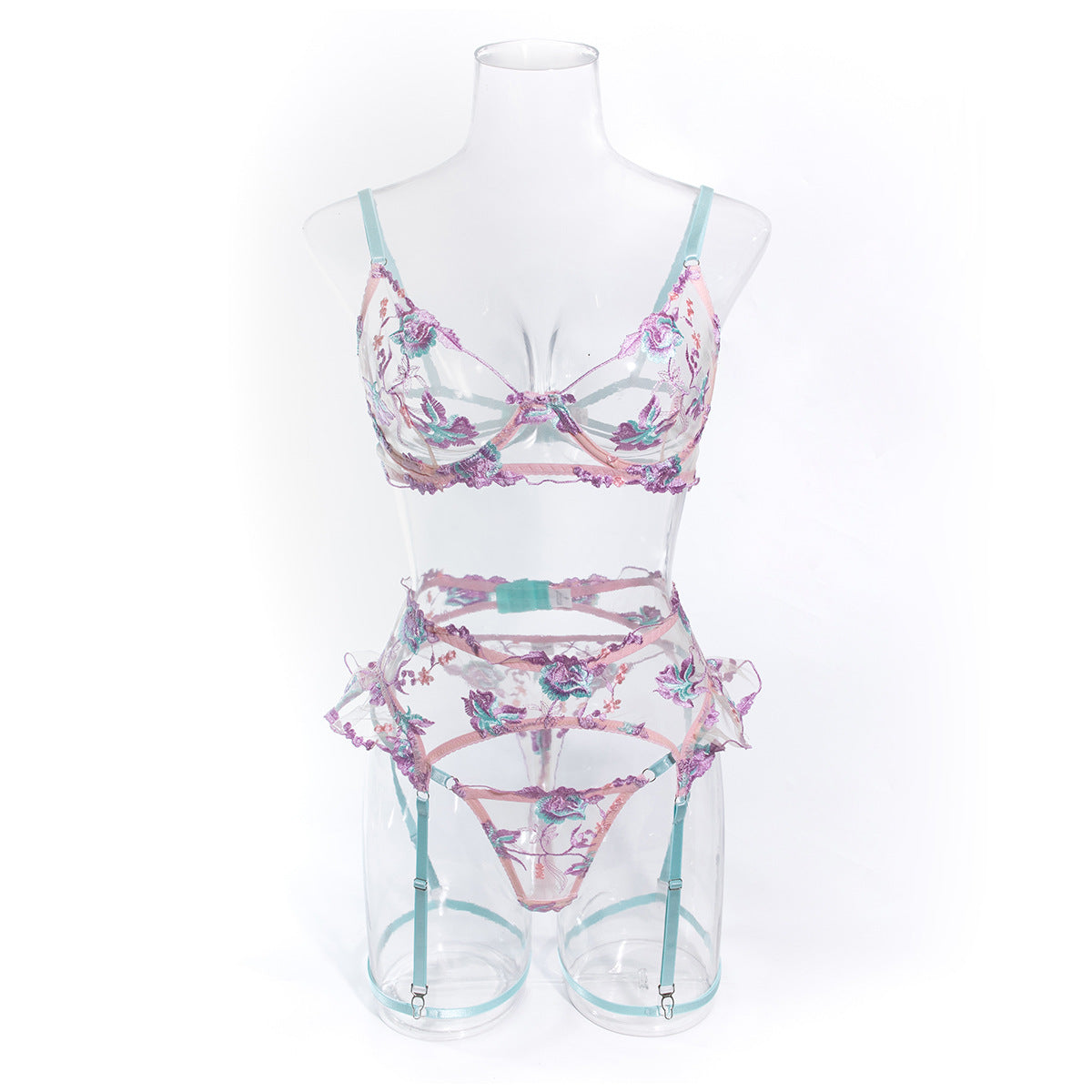 Wholesale Lilac Floral Embroidered Lingerie Set Model Front View