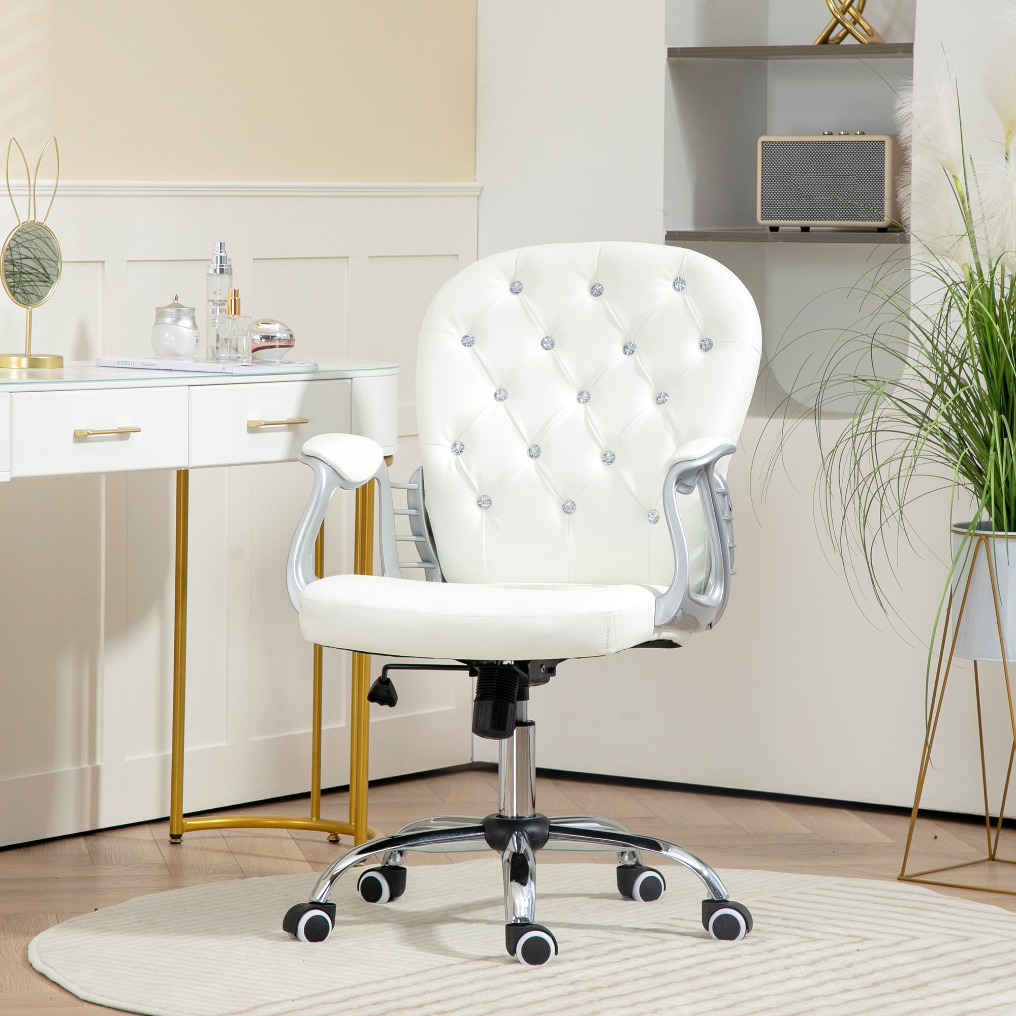 Office Chair Ergonomic 360° Swivel PU Diamante Padded Base 5 Castor Wheels for Home Work White-1