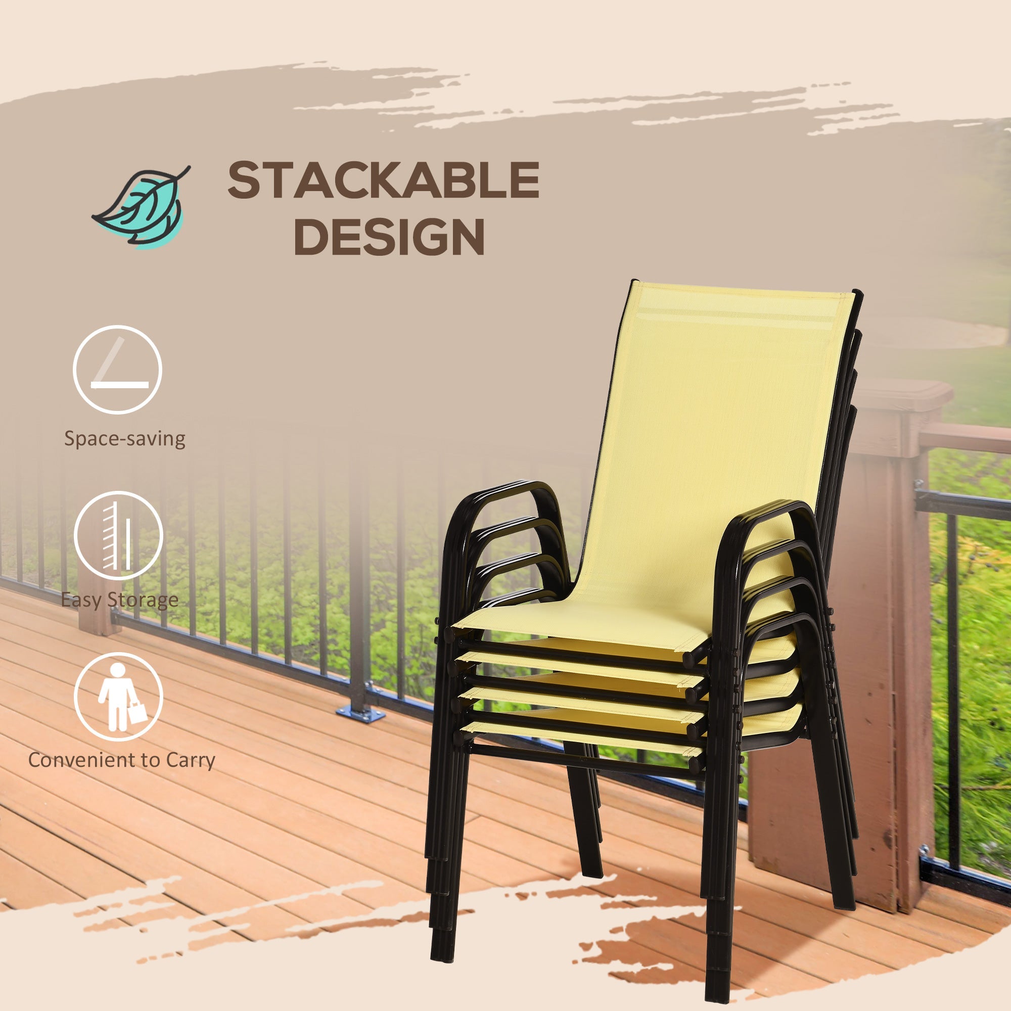 Set of 4 Stackable Garden Dining Chairs with High Back and Armrest Beige-4