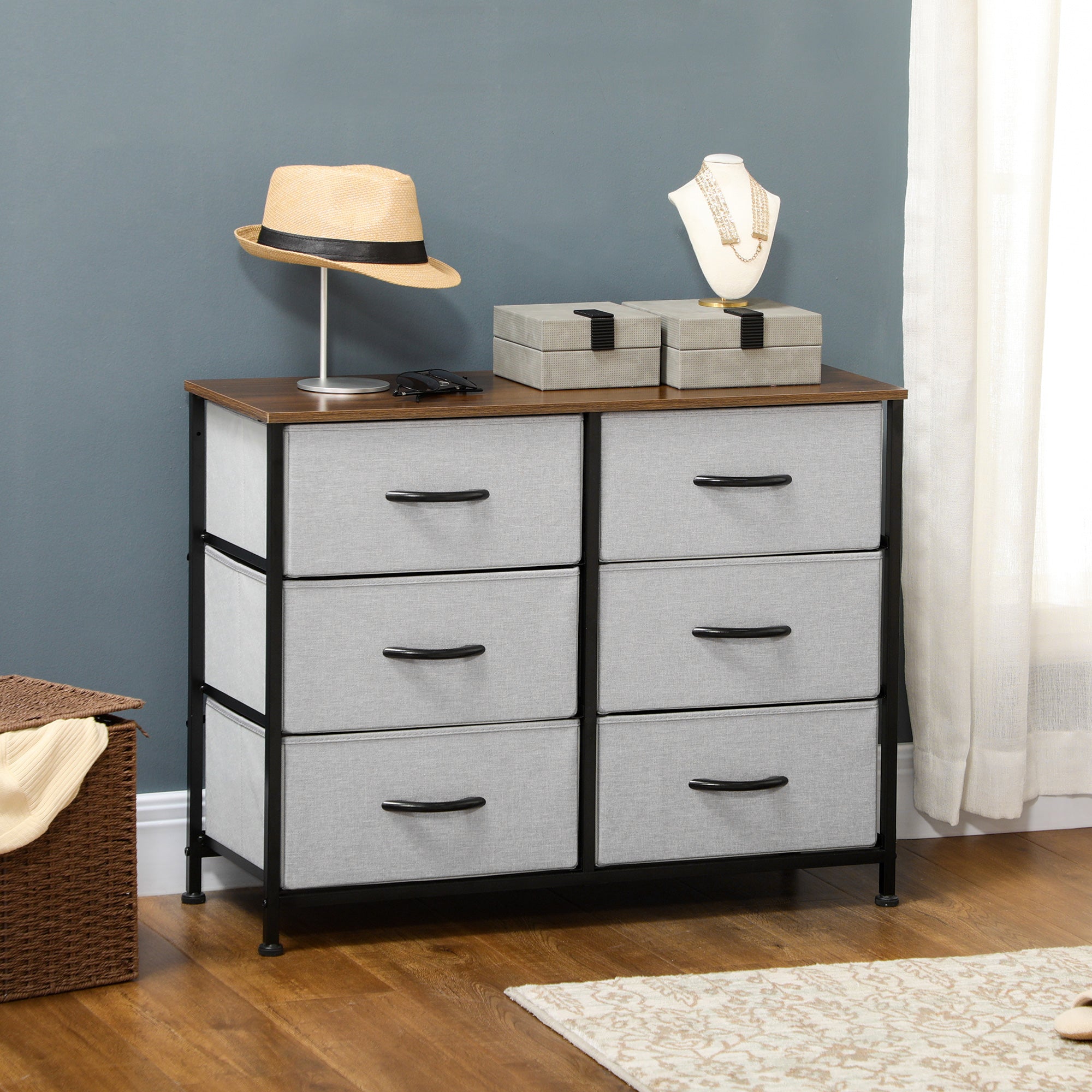 Chest of Drawers, Fabric Storage Drawers, Industrial Bedroom Dresser w/6 Fabric Drawers, Steel Frame, Wooden Top for Nursery, Living Room Grey-1