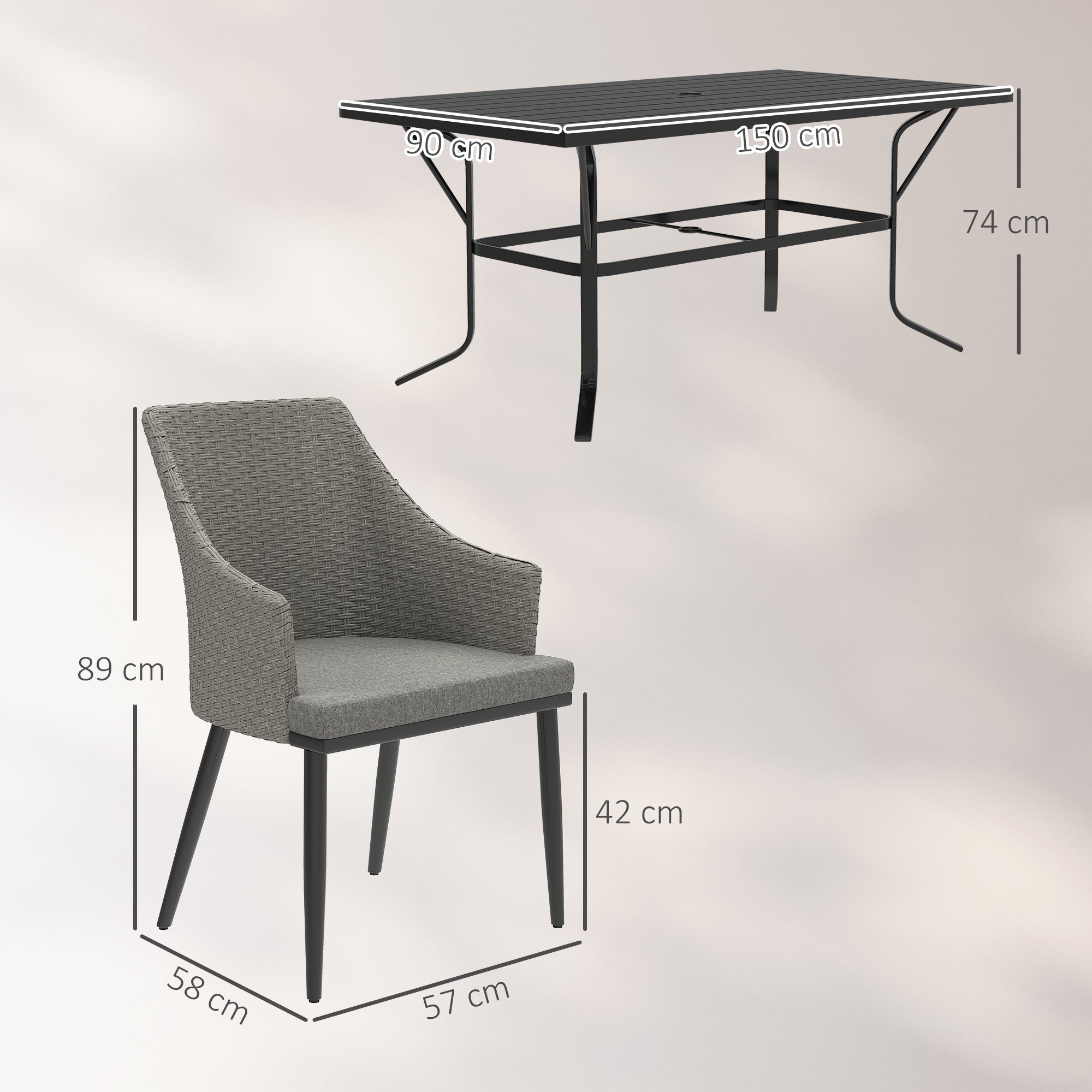 6 Seater Rattan Dining Set with Cushions and Steel Frame Grey-2