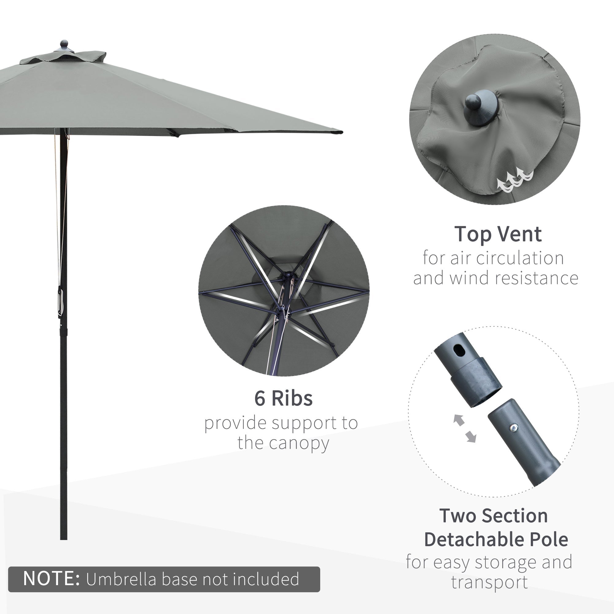 2.8m Patio Parasol with 6 Ribs UV Resistant Canopy - Dark Grey-3