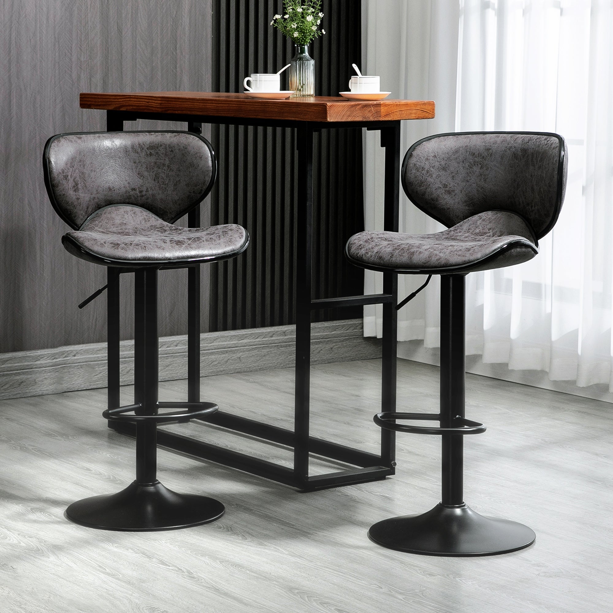 Bar Stool Set of 2 Microfiber Cloth Adjustable Height Armless Chairs with Swivel Seat, Dark Grey-1