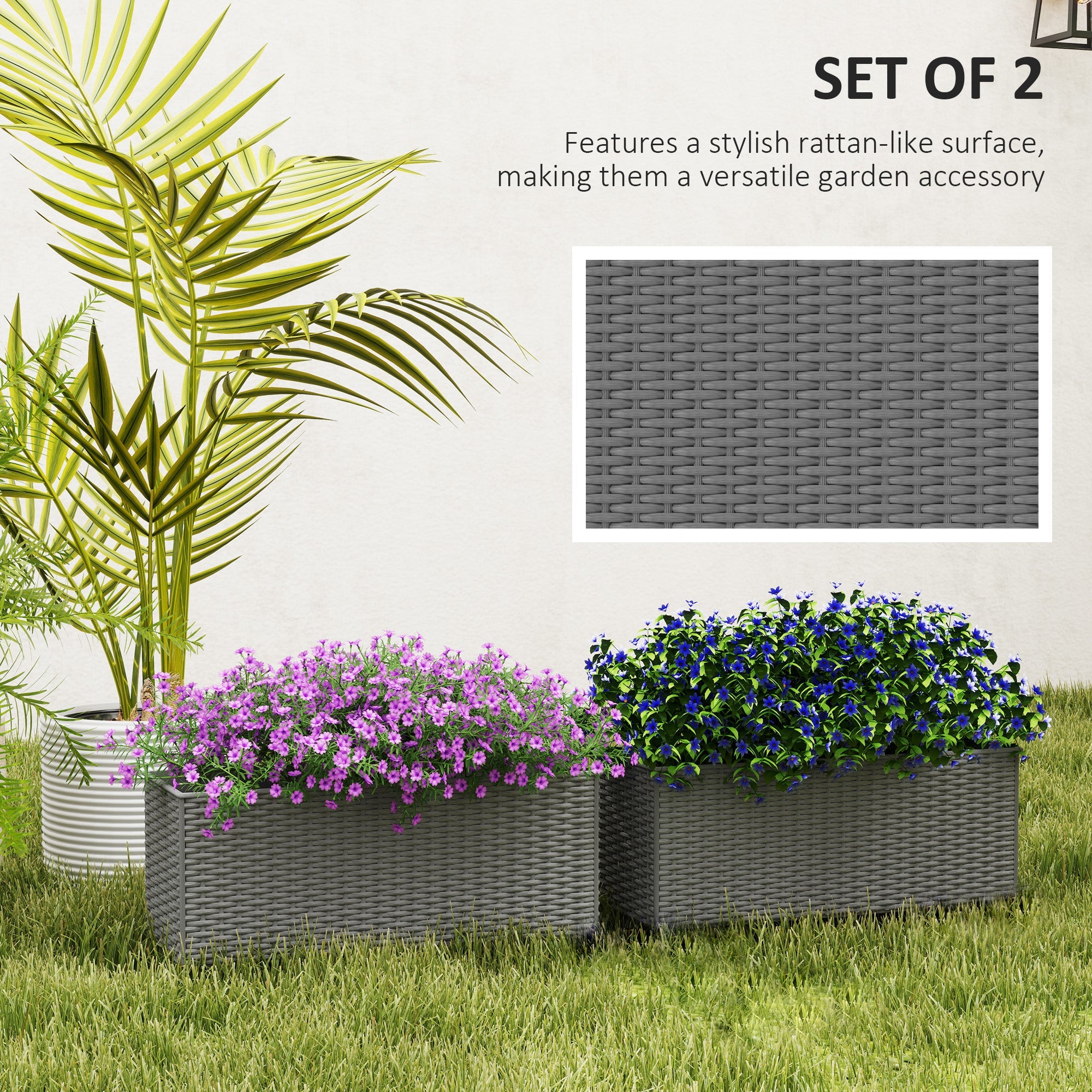 Set of Two Rattan Effect Raised Garden Planters with Hooks - Grey-3