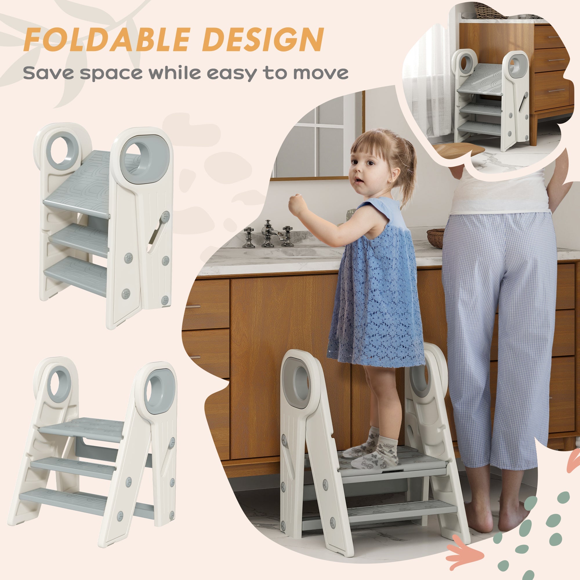 Foldable Adjustable Toddler Tower with Non-Slip Surface Grey-3