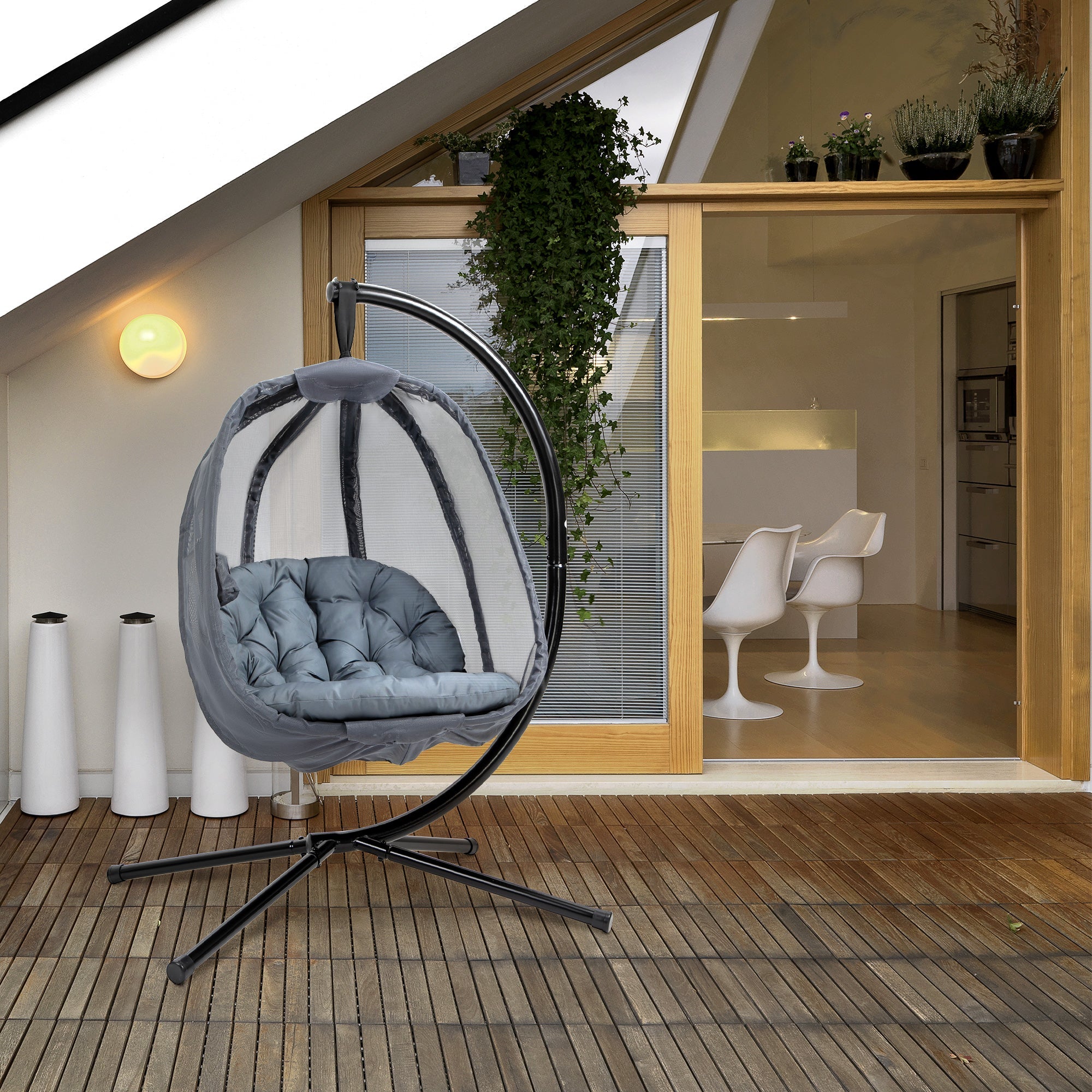 Hanging Egg Chair with Folding Stand and Cushion - Grey-1