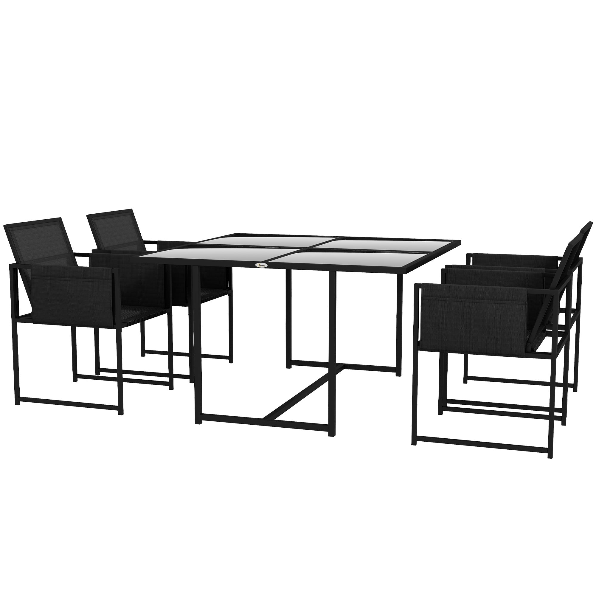 5 Piece Garden Dining Set with Breathable Mesh Seat, Adjustable Backrest, Tempered Glass Table Top for Patio, Black-0