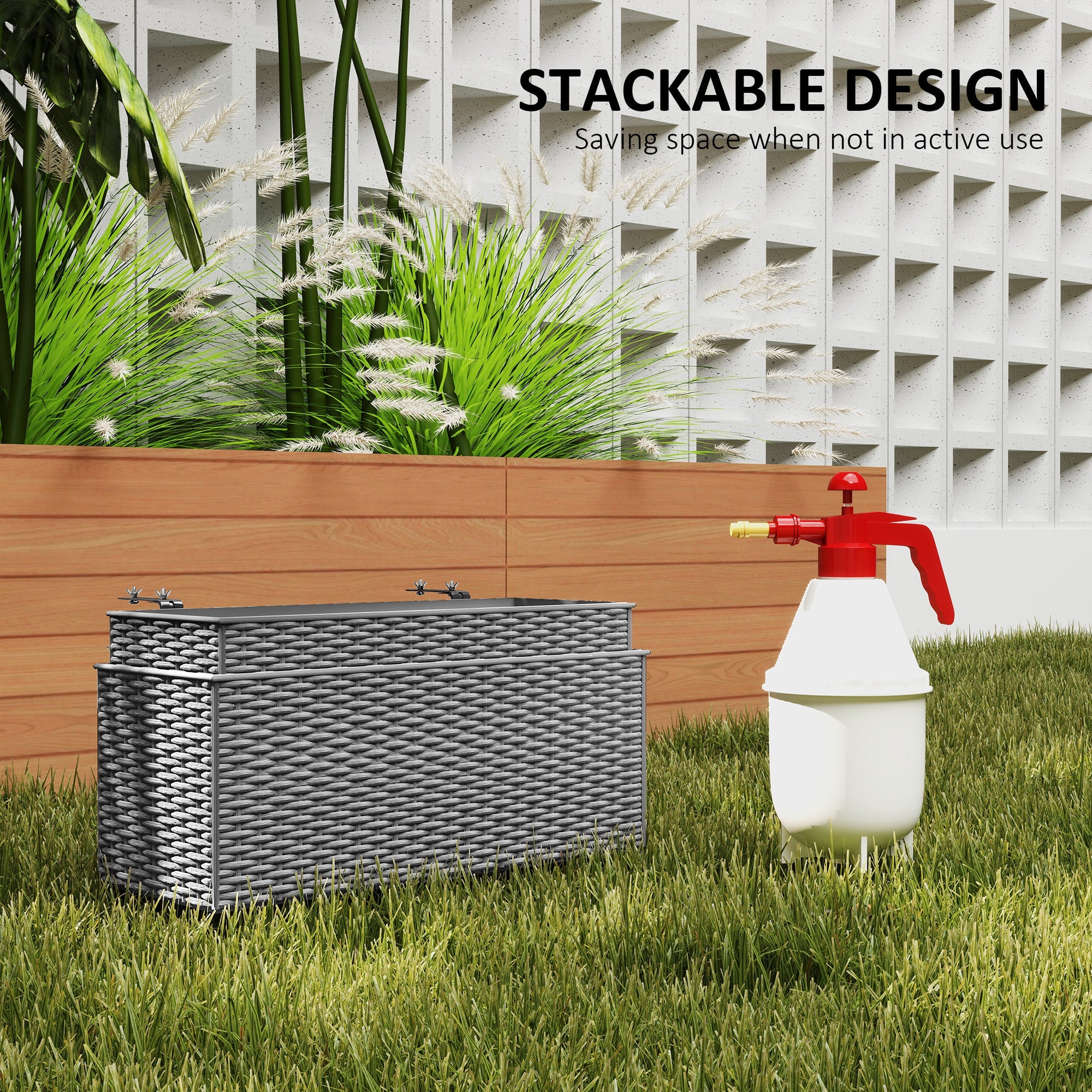 Set of Two Rattan Effect Raised Garden Planters with Hooks - Grey-4