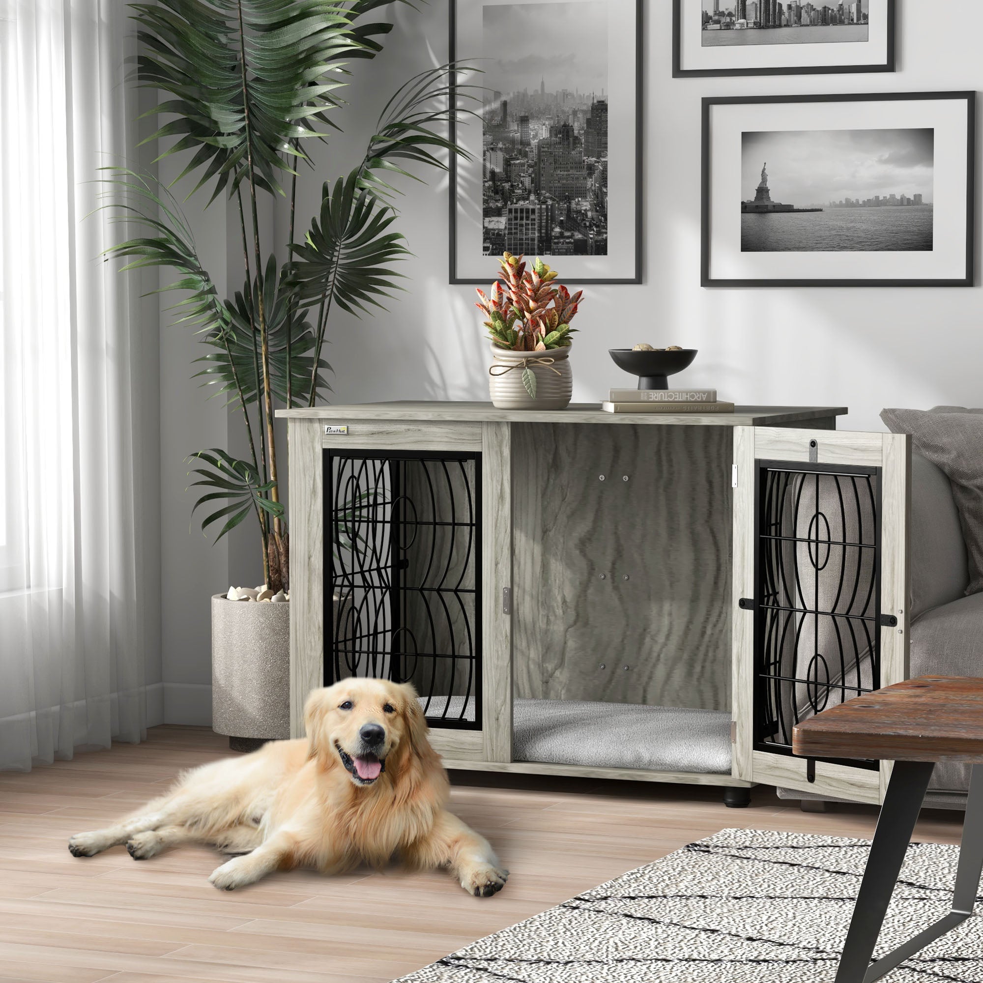 Indoor Dog Crate Furniture End Table with Soft Washable Cushion, Lockable Front Door, for Large Dogs - Grey-1