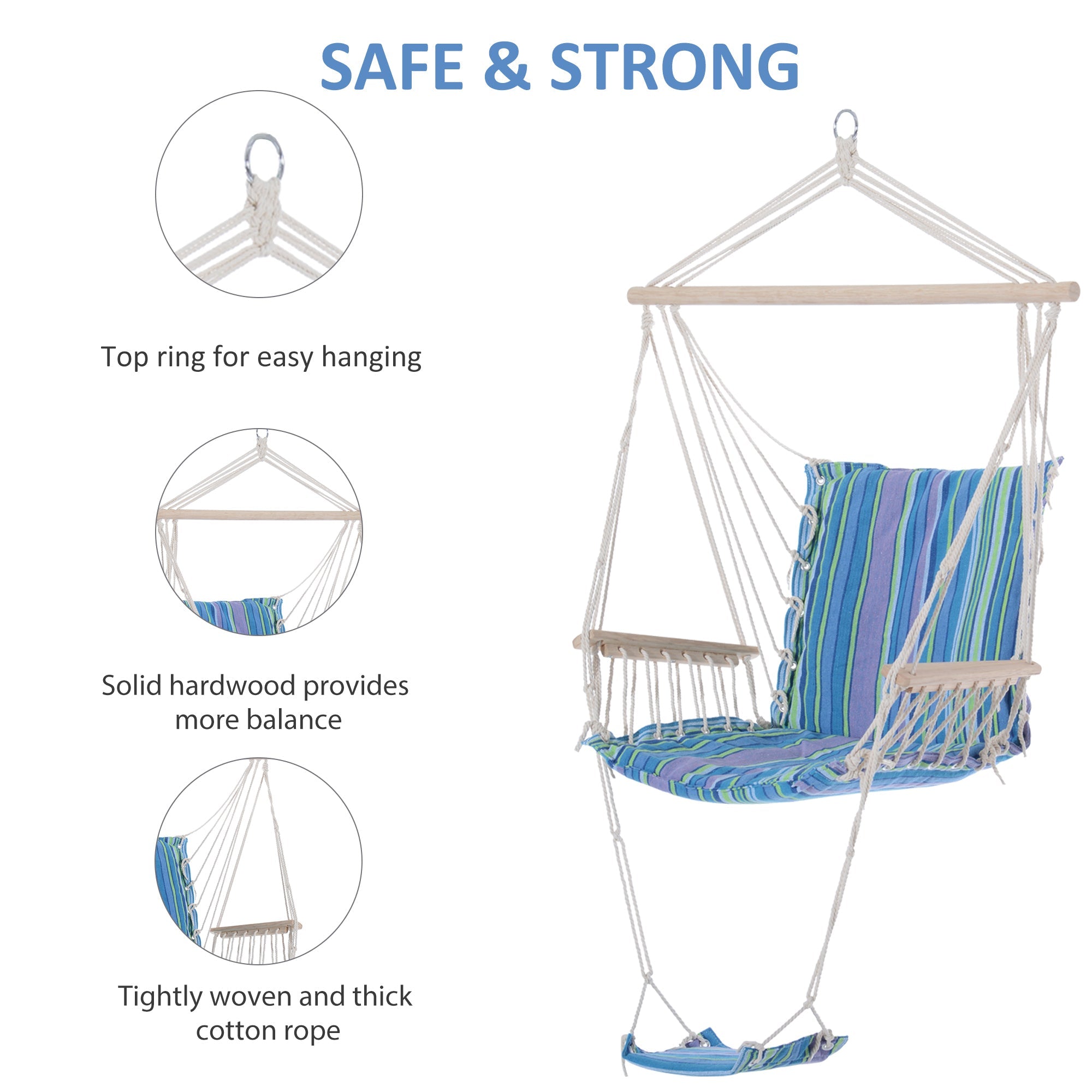 Outdoor Hammock Hanging Rope Chair with Footrest and Armrest - Blue Cotton-3