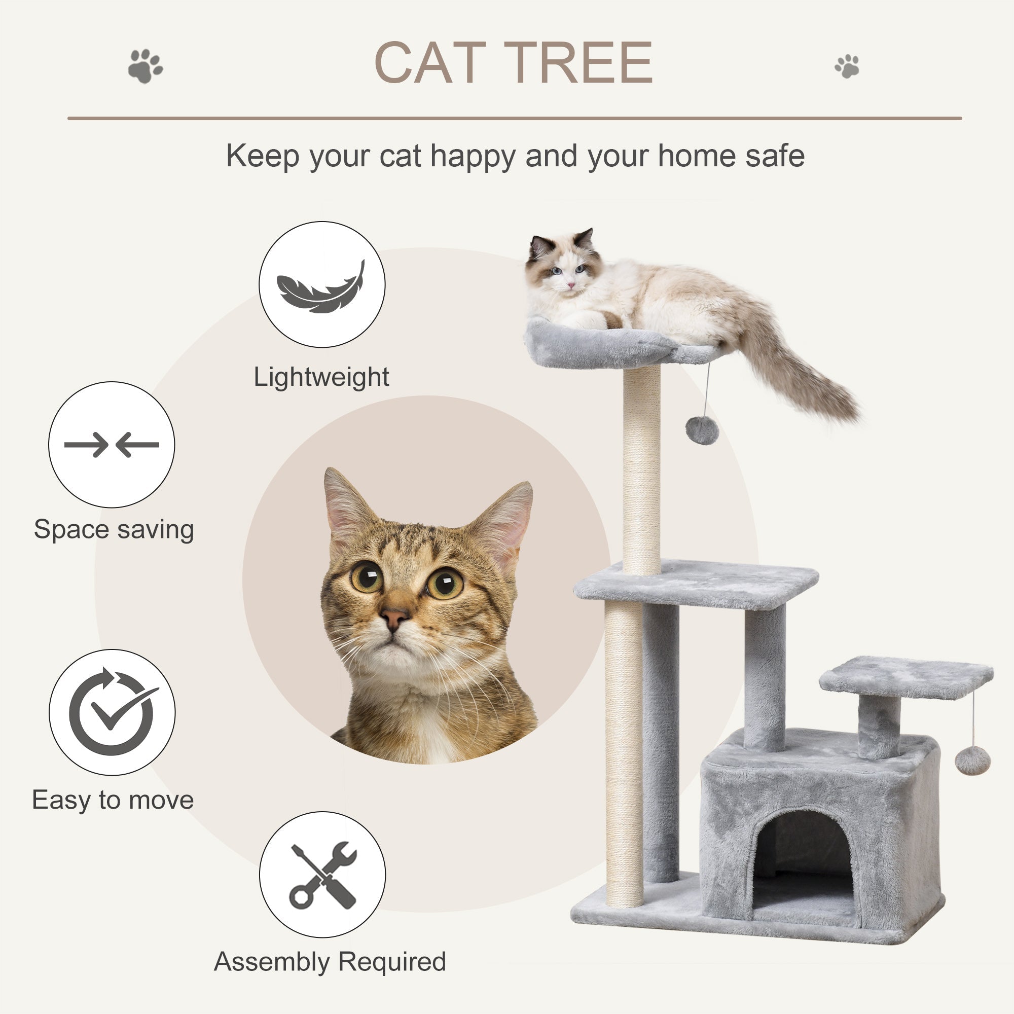 Cat tree Tower 114cm Climbing Activity Centre Kitten with Sisal Scratching Post Perch Hanging Ball Condo Toy Light Grey-3