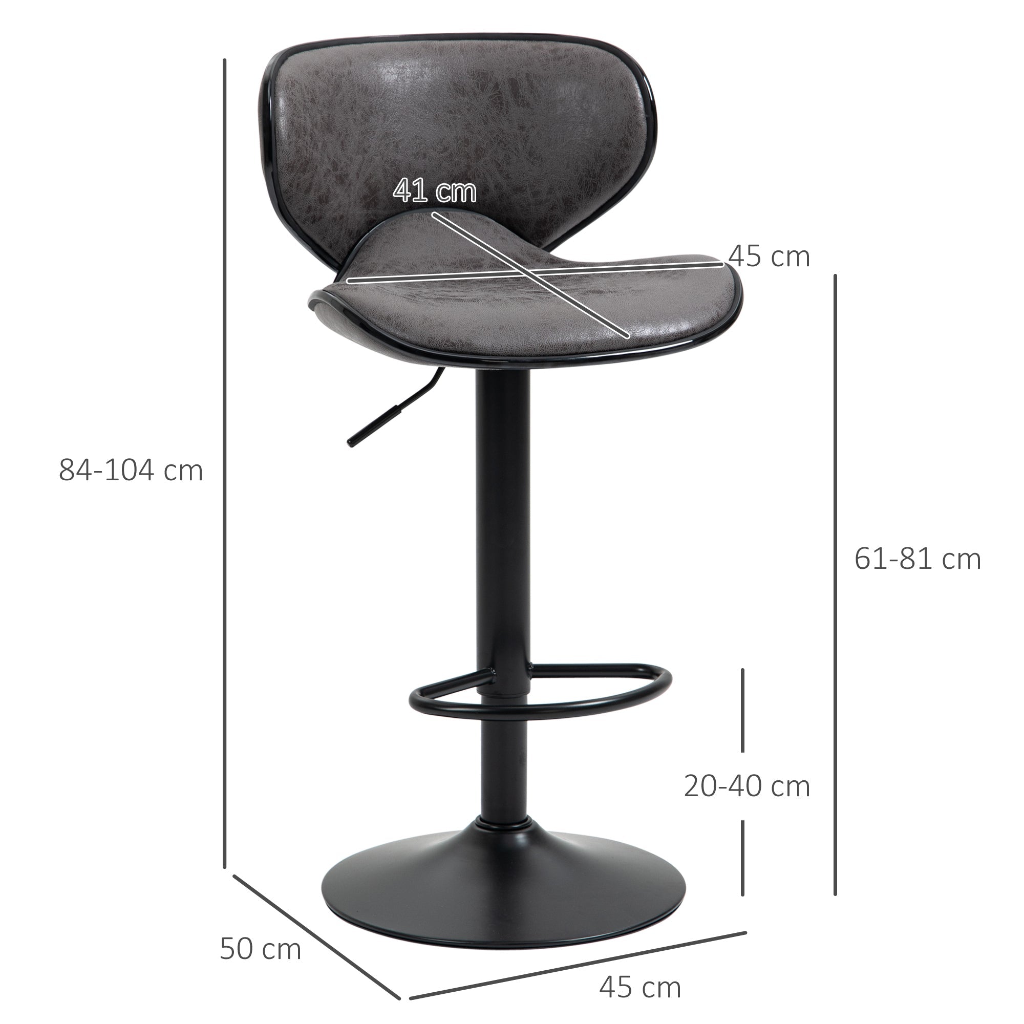 Bar Stool Set of 2 Microfiber Cloth Adjustable Height Armless Chairs with Swivel Seat, Dark Grey-2