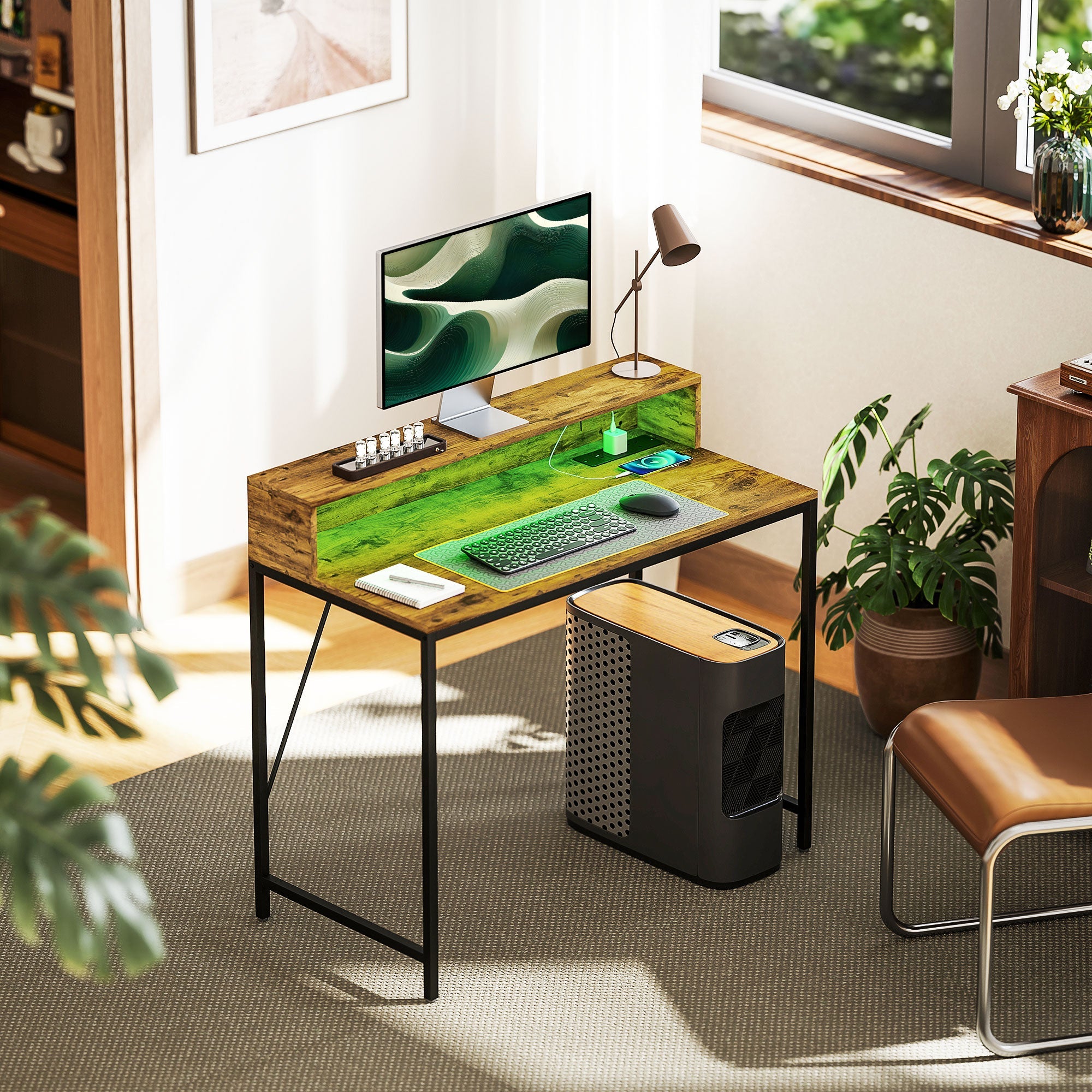 100cm Computer Desk with LED Lights and Power Outlets, Gaming Desk with Monitor Stand, Computer Table with Remote for Home Office Study, Rustic Brown-1