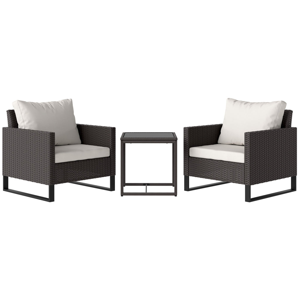 3 Piece Rattan Bistro Set with Cushions and Glass Table - Brown-0