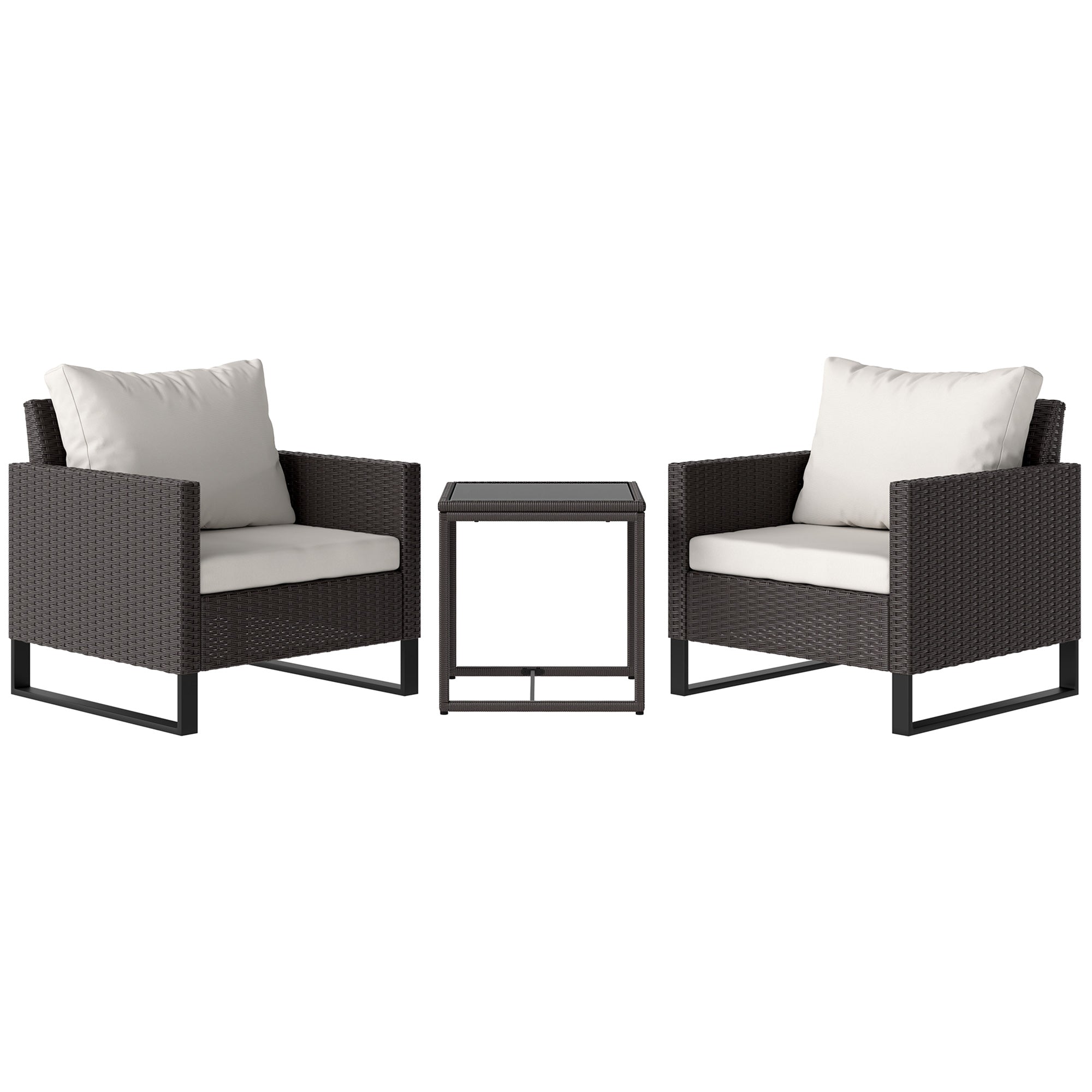 3 Piece Rattan Bistro Set with Cushions and Glass Table - Brown-0