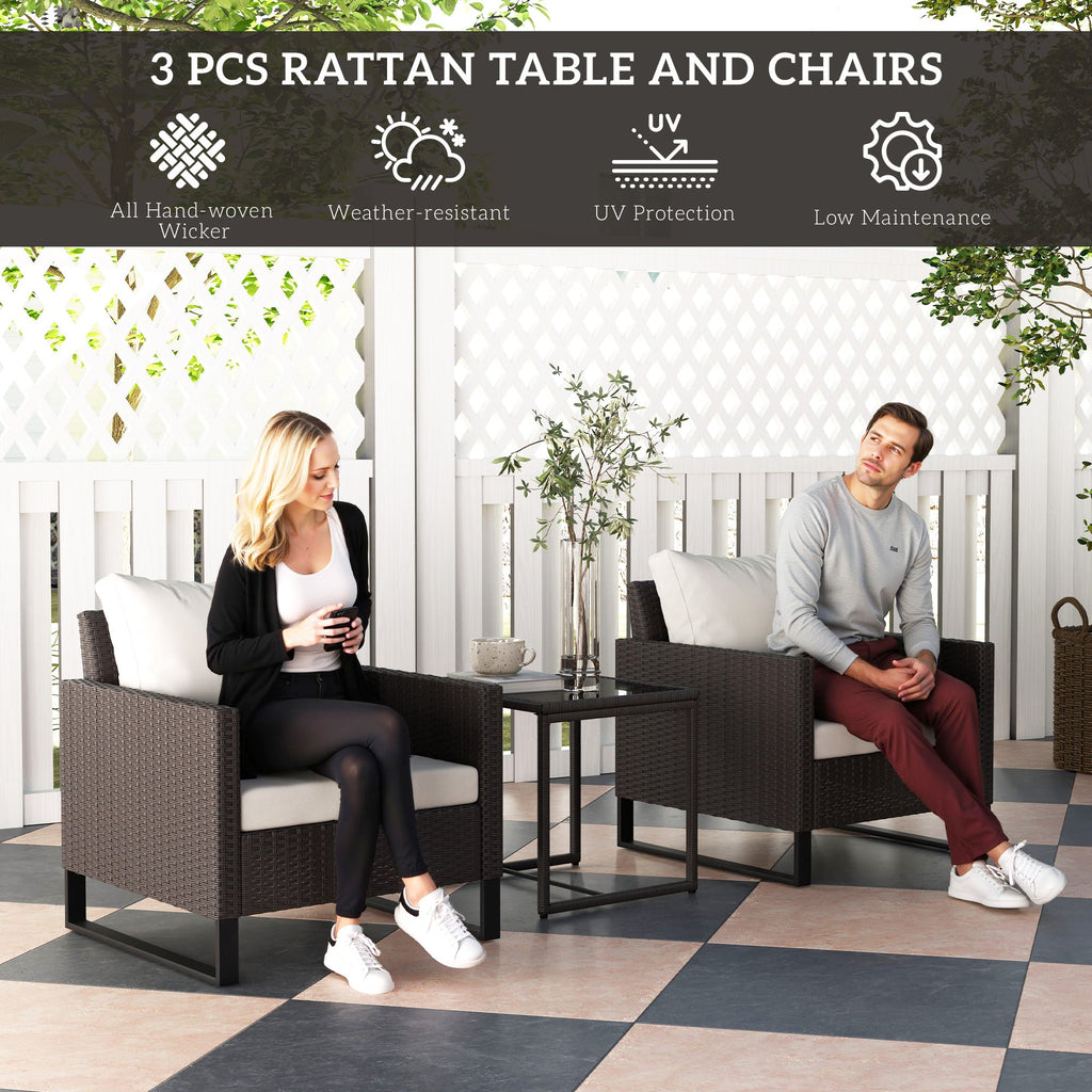 3 Piece Rattan Bistro Set with Cushions and Glass Table - Brown-3