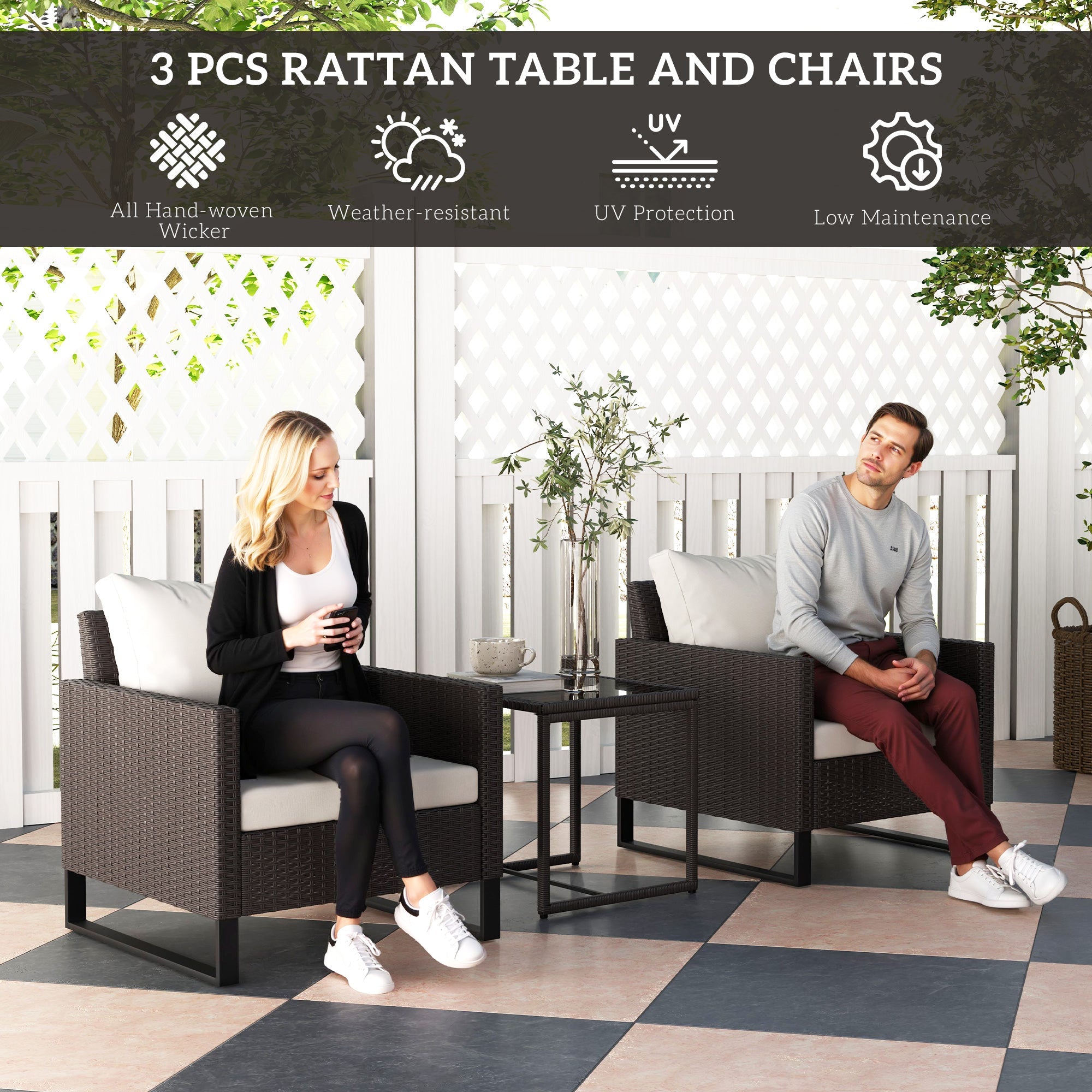 3 Piece Rattan Bistro Set with Cushions and Glass Table - Brown-3