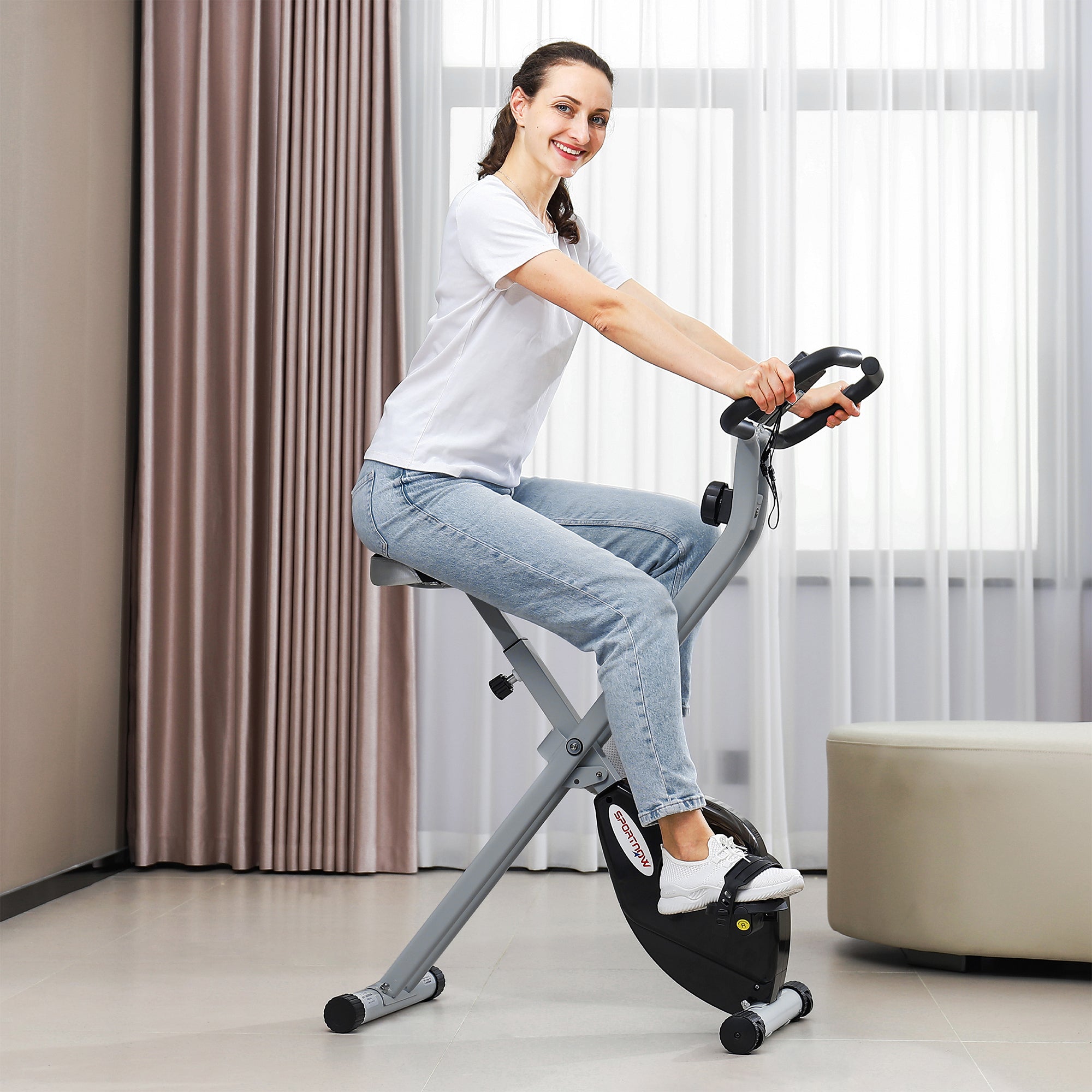 Folding Exercise Bike with 8-Level Magnetic Resistance and Heart Rate Sensor - Black Grey-1