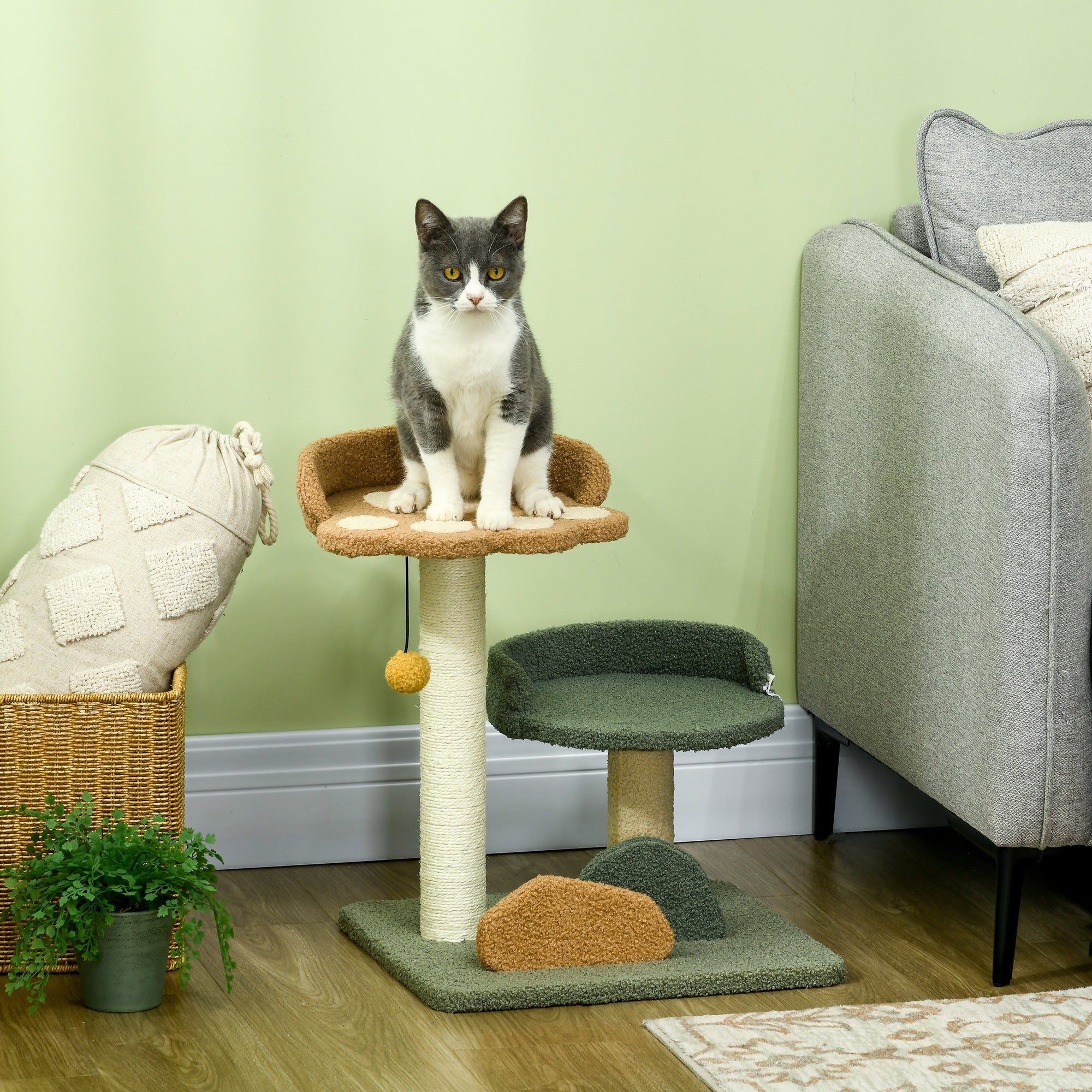 Small Cat Tree for Indoor Cats, Scratching Posts with 2 Beds, Toy Ball, 43 x 39 x 52cm-1