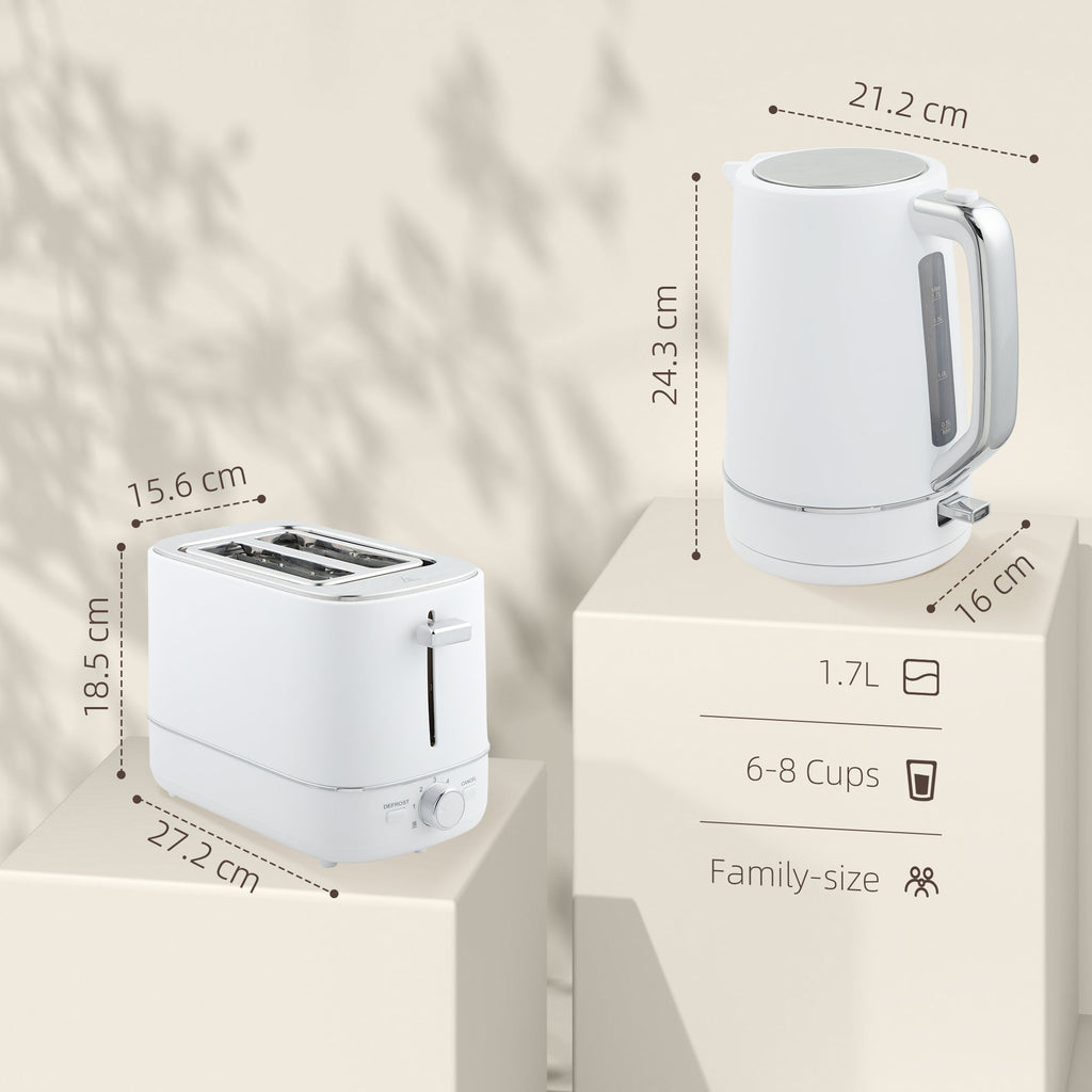 Kettle and Toaster Set, 1.7L 3000W Fast Boil Kettle & 2 Slice Toaster Kitchen Set with 6 Level Browning Controls, Defrost, Reheat, White-2