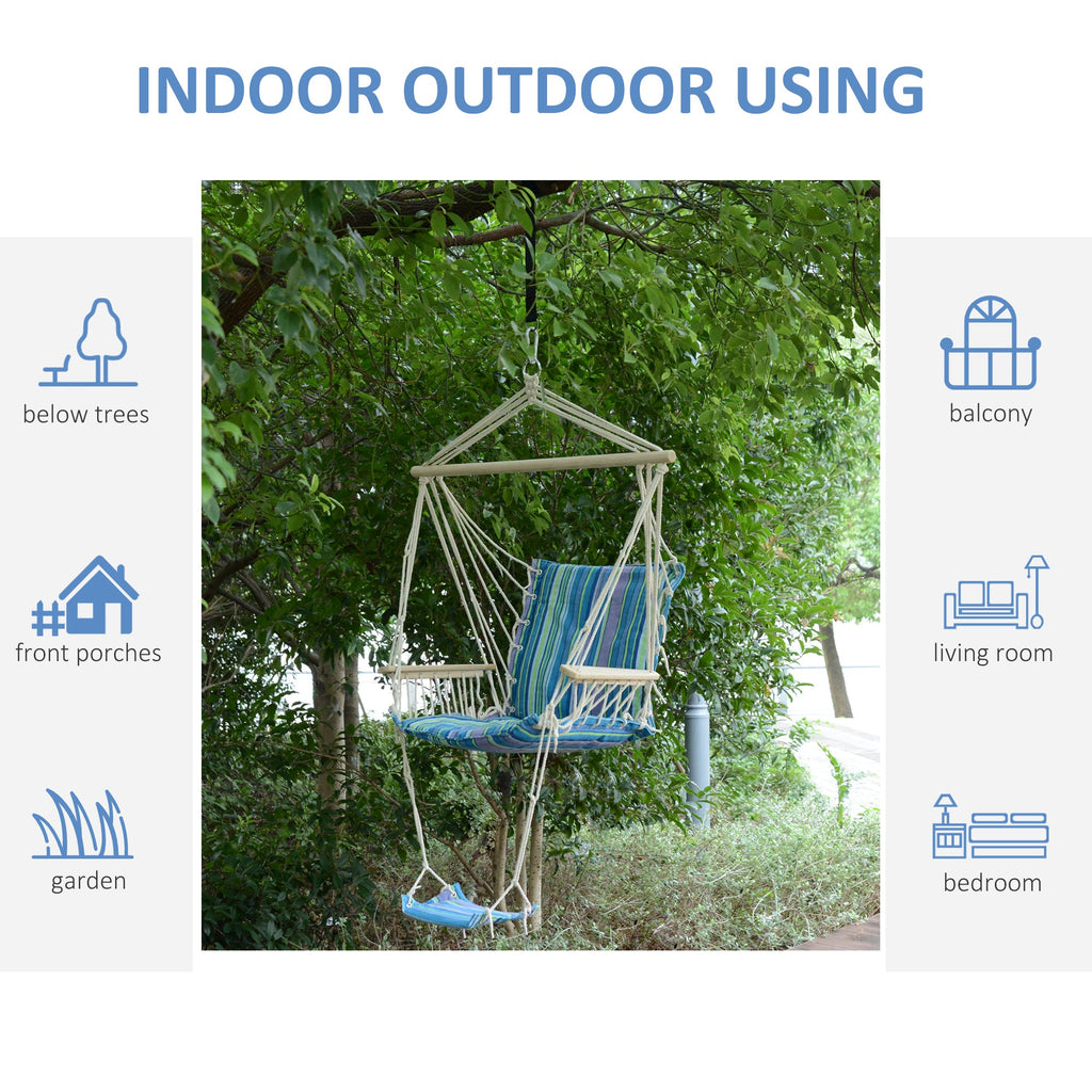 Outdoor Hammock Hanging Rope Chair with Footrest and Armrest - Blue Cotton-4