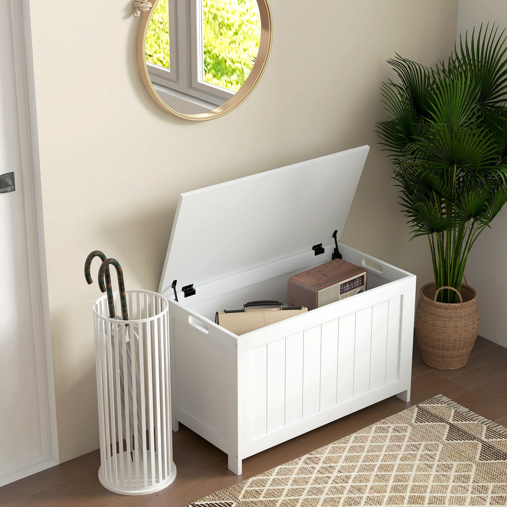 Storage Chest, Modern Storage Trunk with 2 Safety Hinges and Cut-out Handles, Wooden Toy Box for Living Room, Entryway, 76 x 40 x 48 cm, White-1