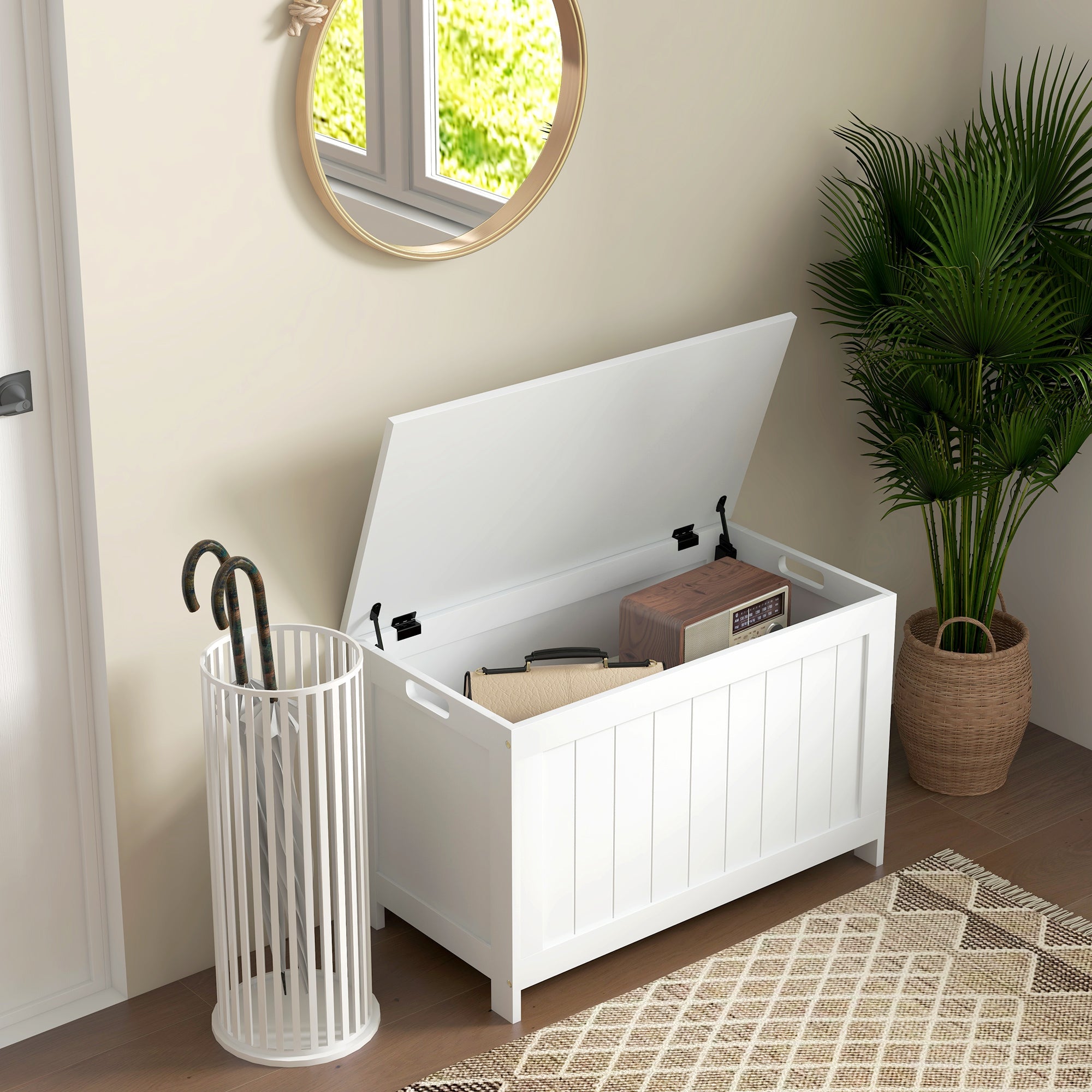 Storage Chest, Modern Storage Trunk with 2 Safety Hinges and Cut-out Handles, Wooden Toy Box for Living Room, Entryway, 76 x 40 x 48 cm, White-1