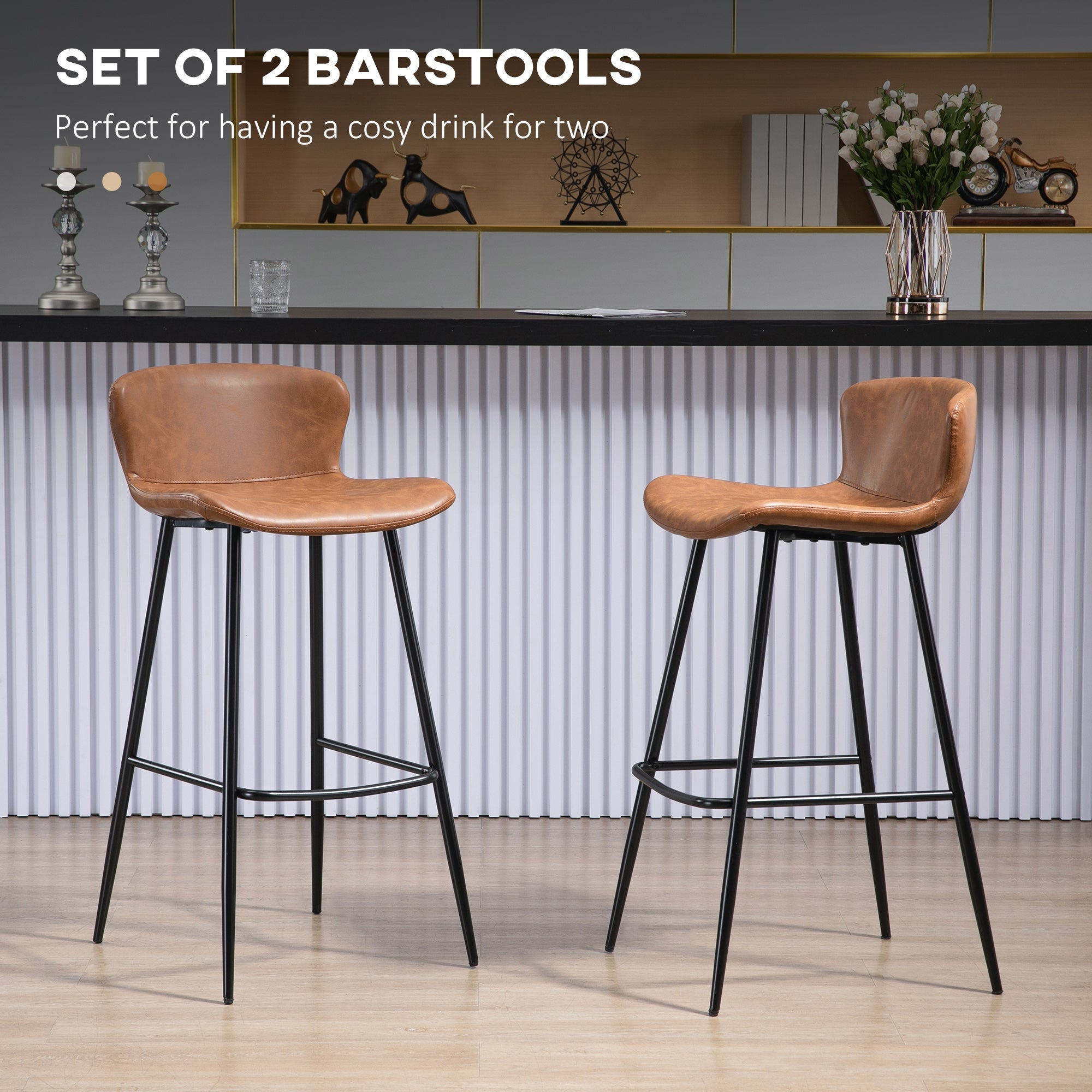 Vintage PU Leather Bar Stools Set of 2 with Steel Legs - Brown-3
