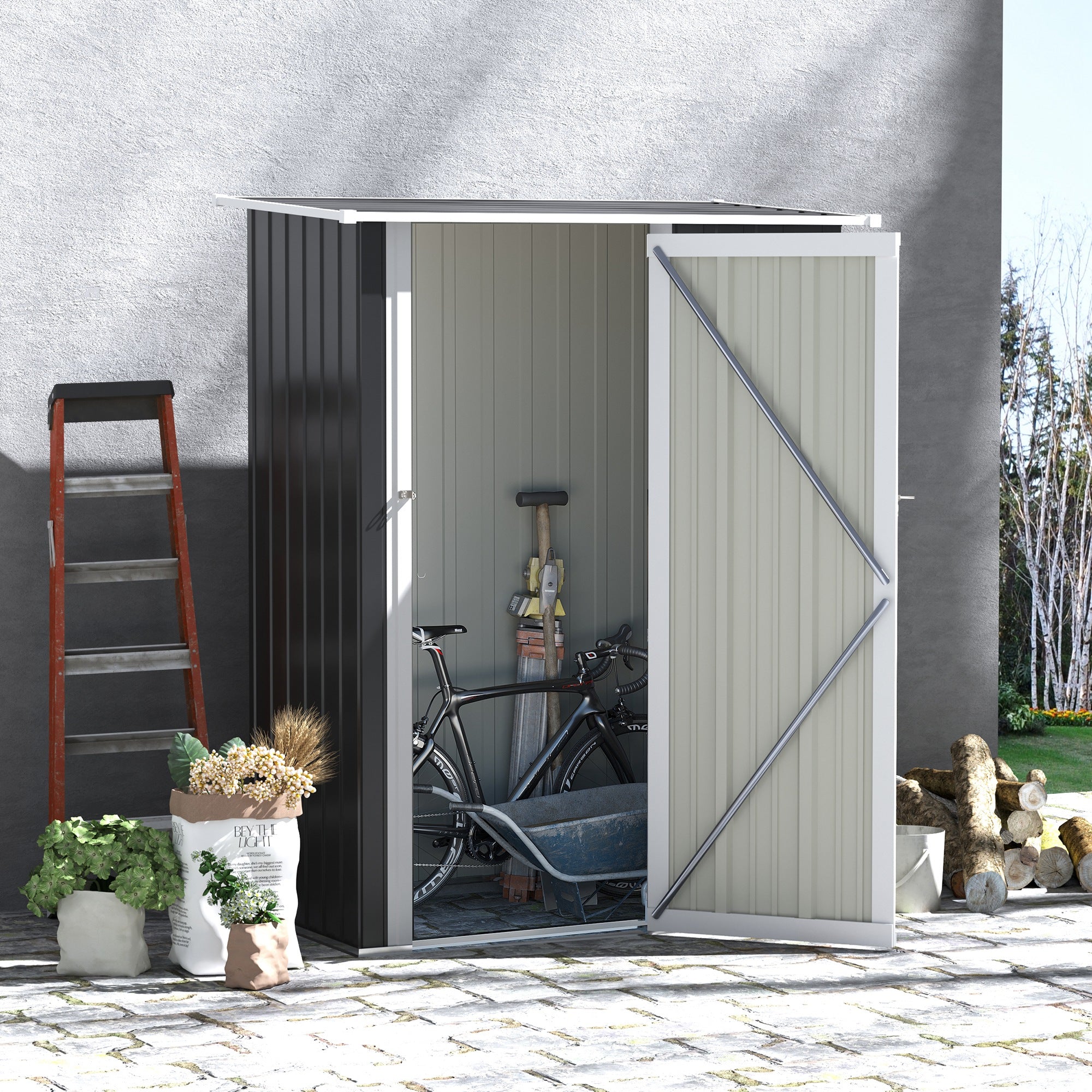 Garden Storage Shed with Lockable Door and Sloped Roof - Grey Steel Frame-1