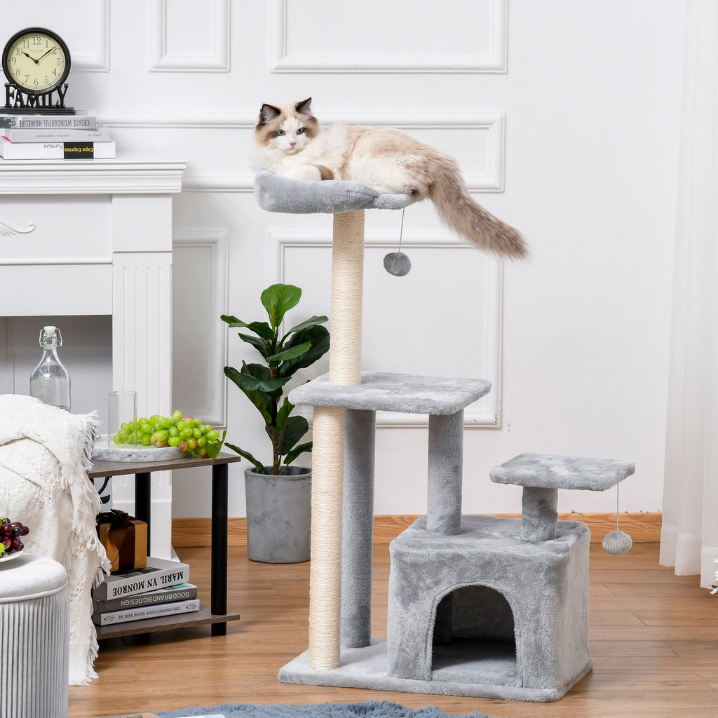 Cat tree Tower 114cm Climbing Activity Centre Kitten with Sisal Scratching Post Perch Hanging Ball Condo Toy Light Grey-1