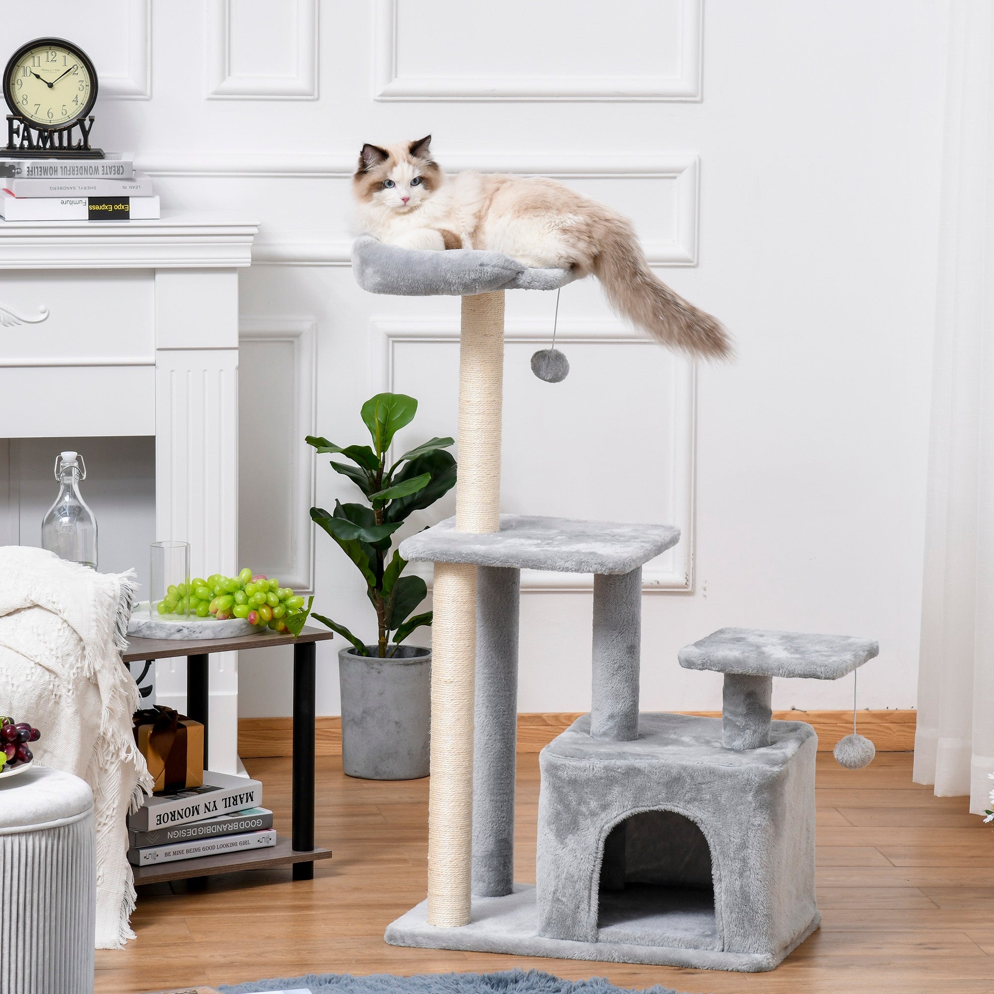 Cat tree Tower 114cm Climbing Activity Centre Kitten with Sisal Scratching Post Perch Hanging Ball Condo Toy Light Grey-1