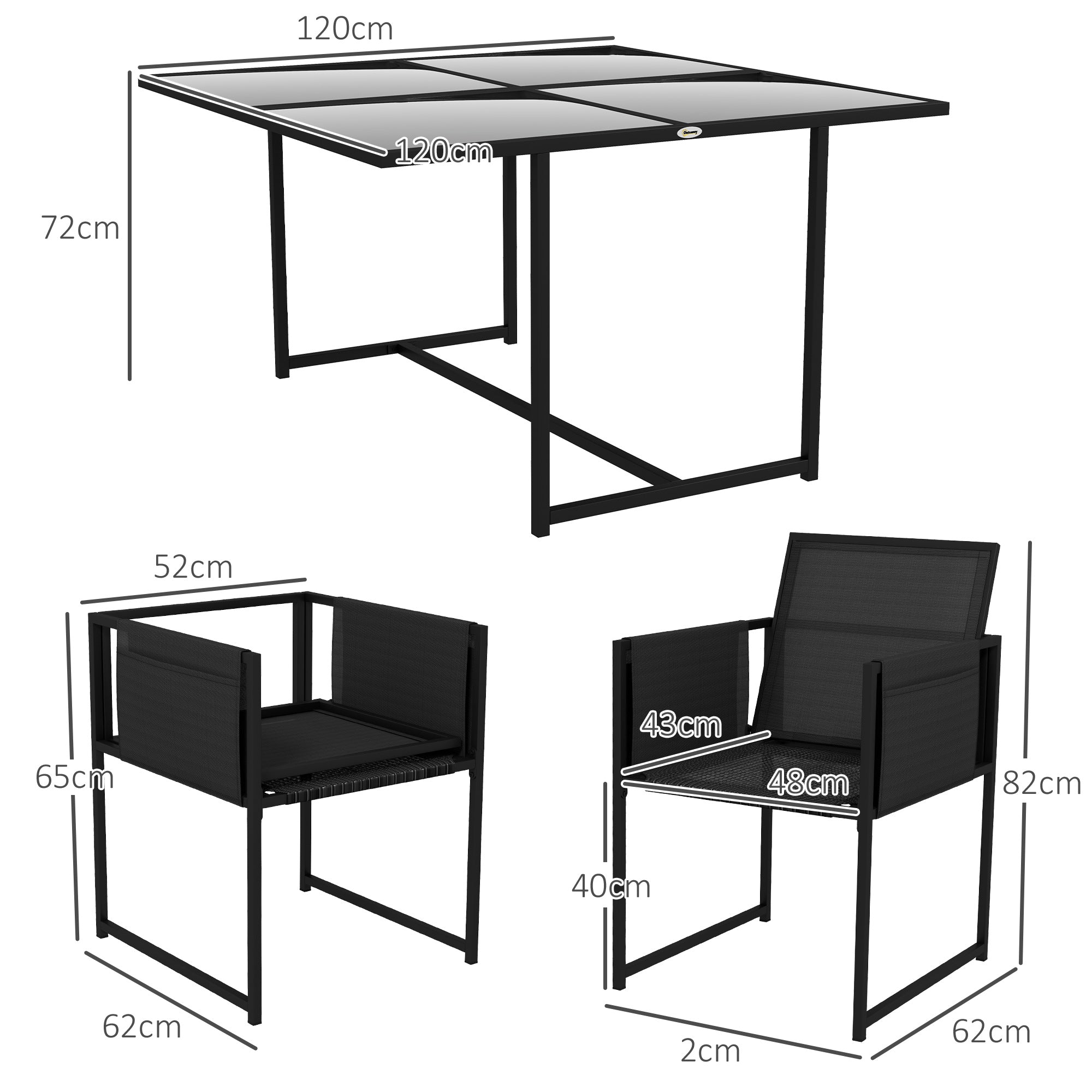 5 Piece Garden Dining Set with Breathable Mesh Seat, Adjustable Backrest, Tempered Glass Table Top for Patio, Black-2