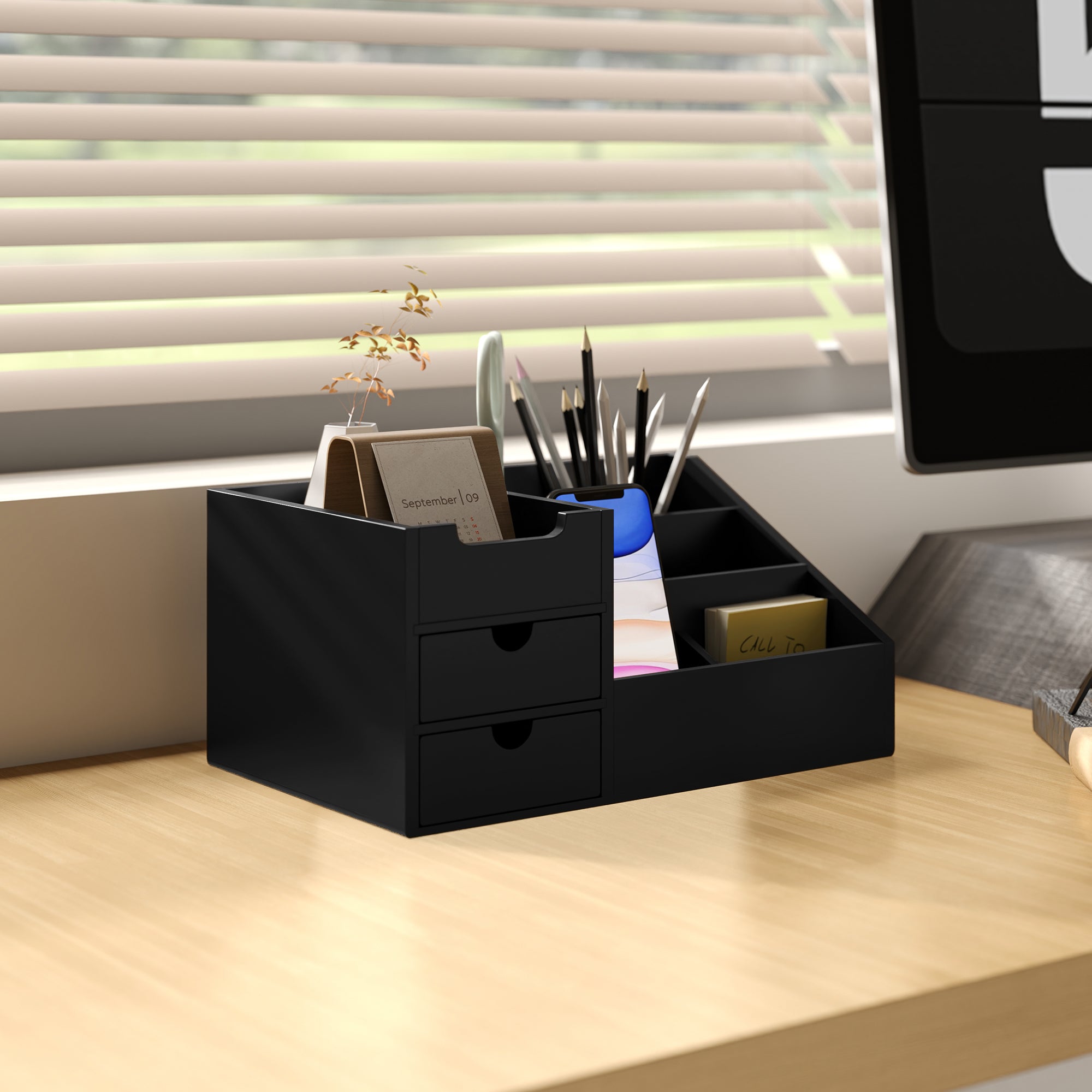 Desk Organiser Holder, Bamboo Multi-Function Storage Caddy with 7 Storage Compartments and 2 Drawers for Home Office Stationary Supplies, Black-1