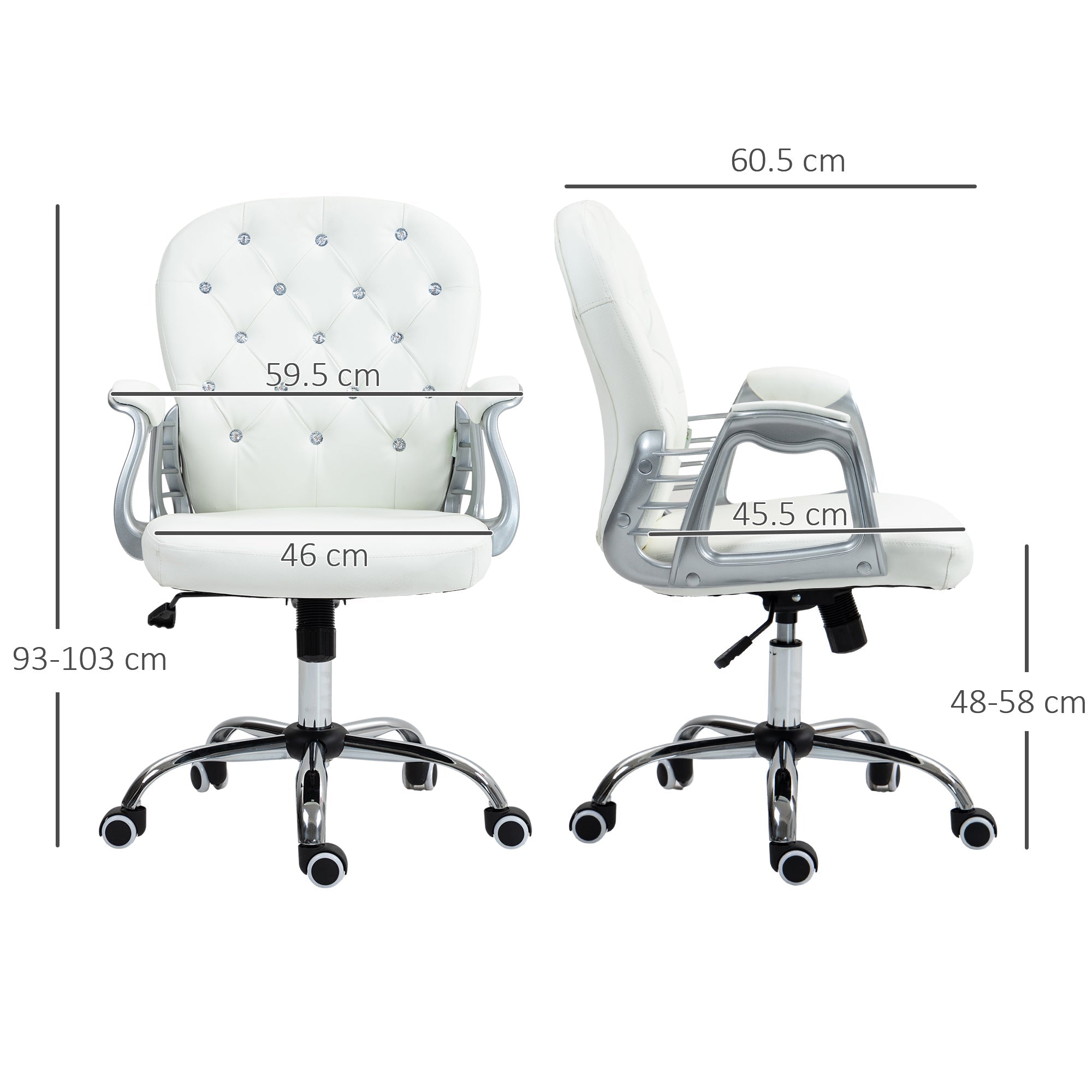Office Chair Ergonomic 360° Swivel PU Diamante Padded Base 5 Castor Wheels for Home Work White-2