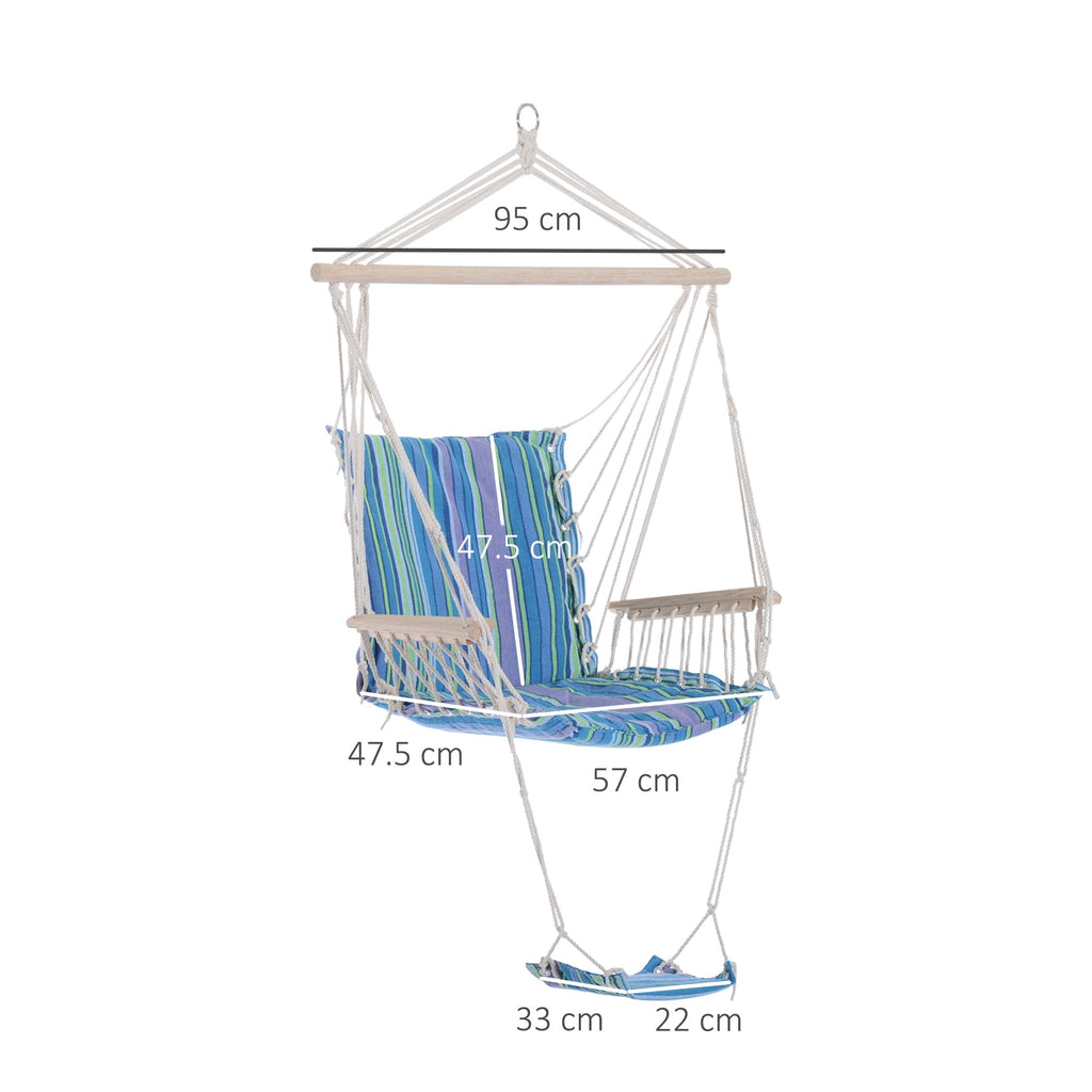 Outdoor Hammock Hanging Rope Chair with Footrest and Armrest - Blue Cotton-2