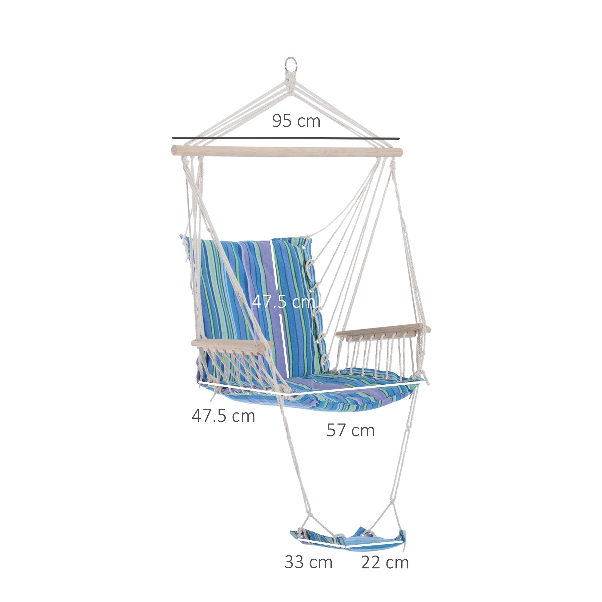 Outdoor Hammock Hanging Rope Chair with Footrest and Armrest - Blue Cotton-2