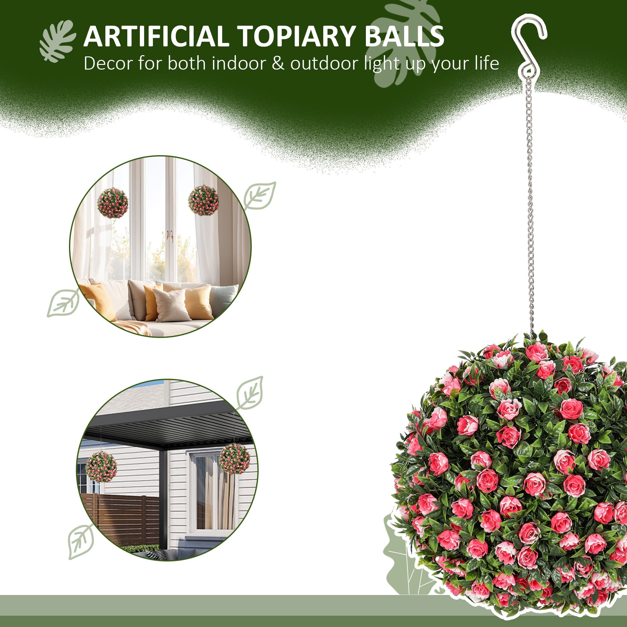 Set of 2 Decorative Artificial Plants, UV-protected Artificial Plant Topiary Rose Balls, Fake Plants for Home Indoor outdoor Decor, 28cm, Pink-3