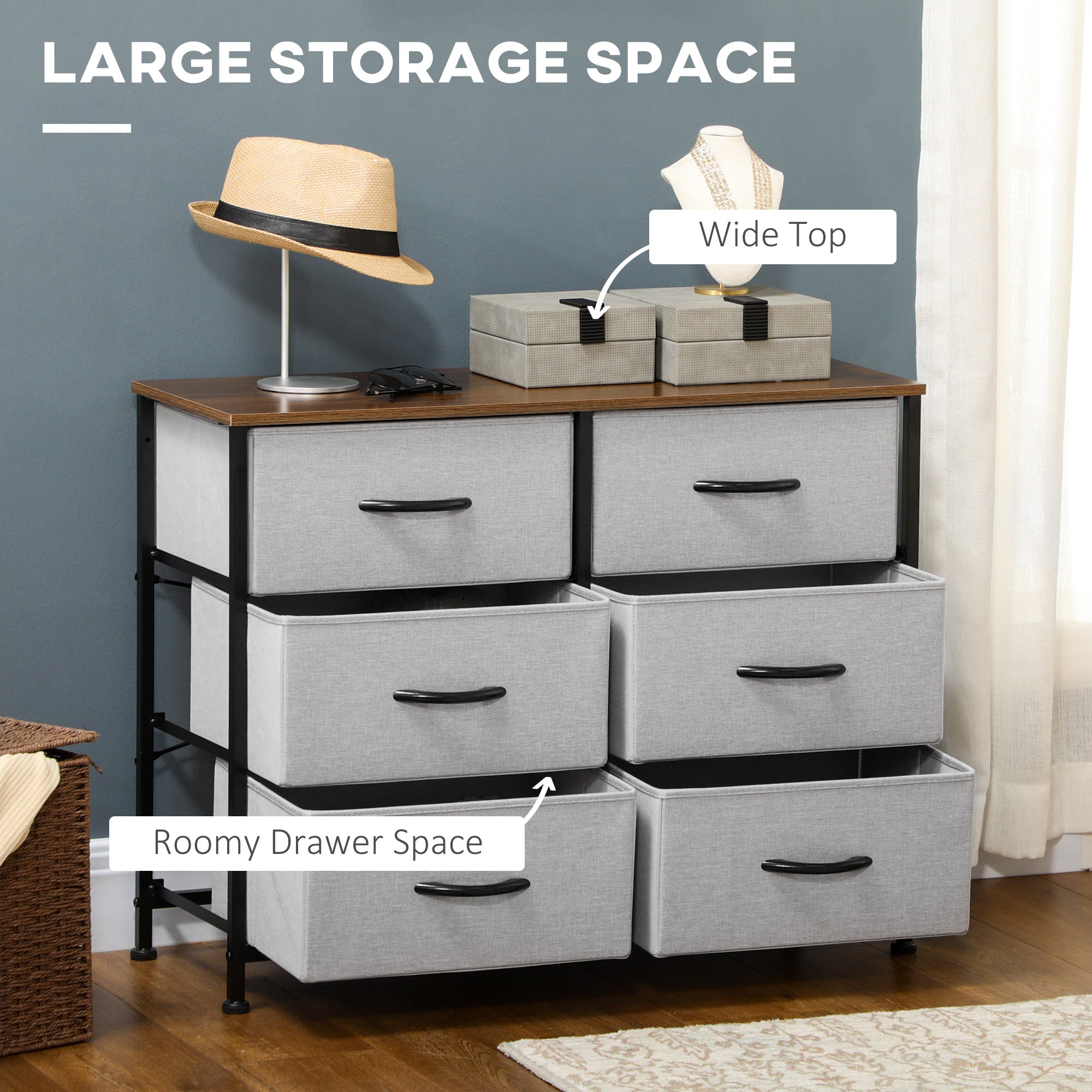 Chest of Drawers, Fabric Storage Drawers, Industrial Bedroom Dresser w/6 Fabric Drawers, Steel Frame, Wooden Top for Nursery, Living Room Grey-3