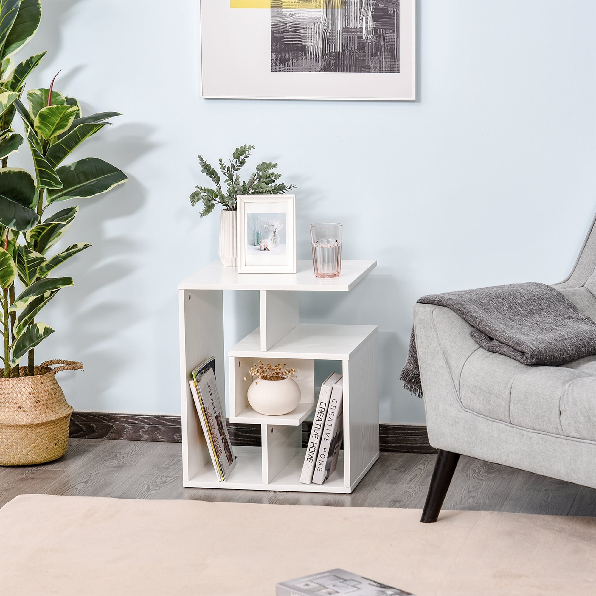 Side Table, 3 Tier End Table with Open Storage Shelves, Living Room Coffee Table Organiser Unit, White-1