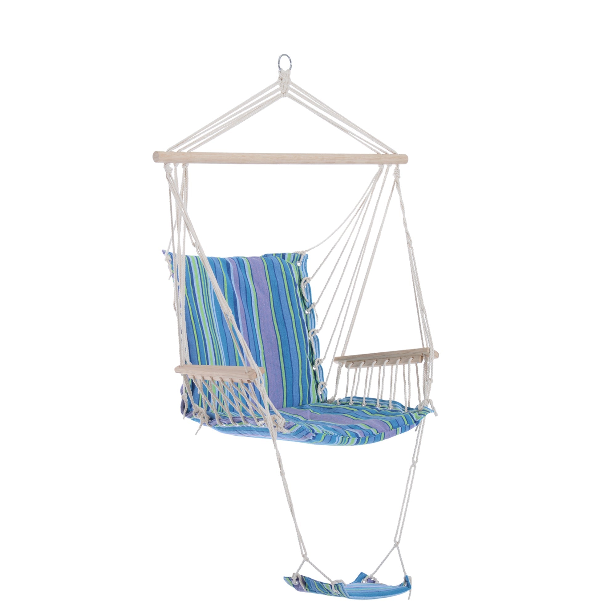 Outdoor Hammock Hanging Rope Chair with Footrest and Armrest - Blue Cotton-0