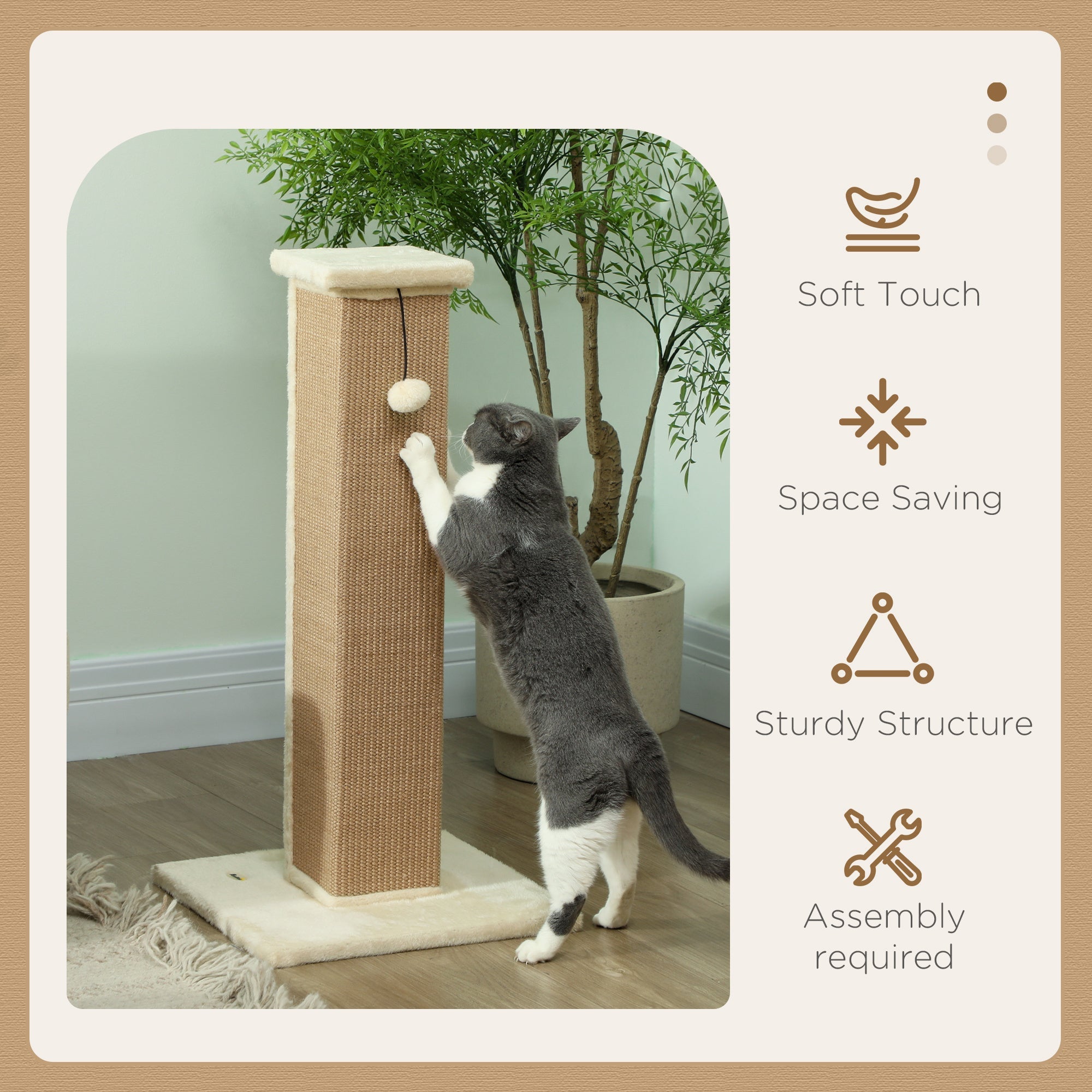 81cm Cat Scratcher, Vertical Full Scratcher w/ Natural Jute Rope, Hanging Ball, Soft Plush - Beige-3