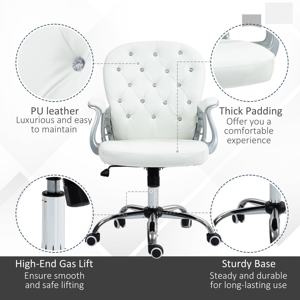 Office Chair Ergonomic 360° Swivel PU Diamante Padded Base 5 Castor Wheels for Home Work White-4
